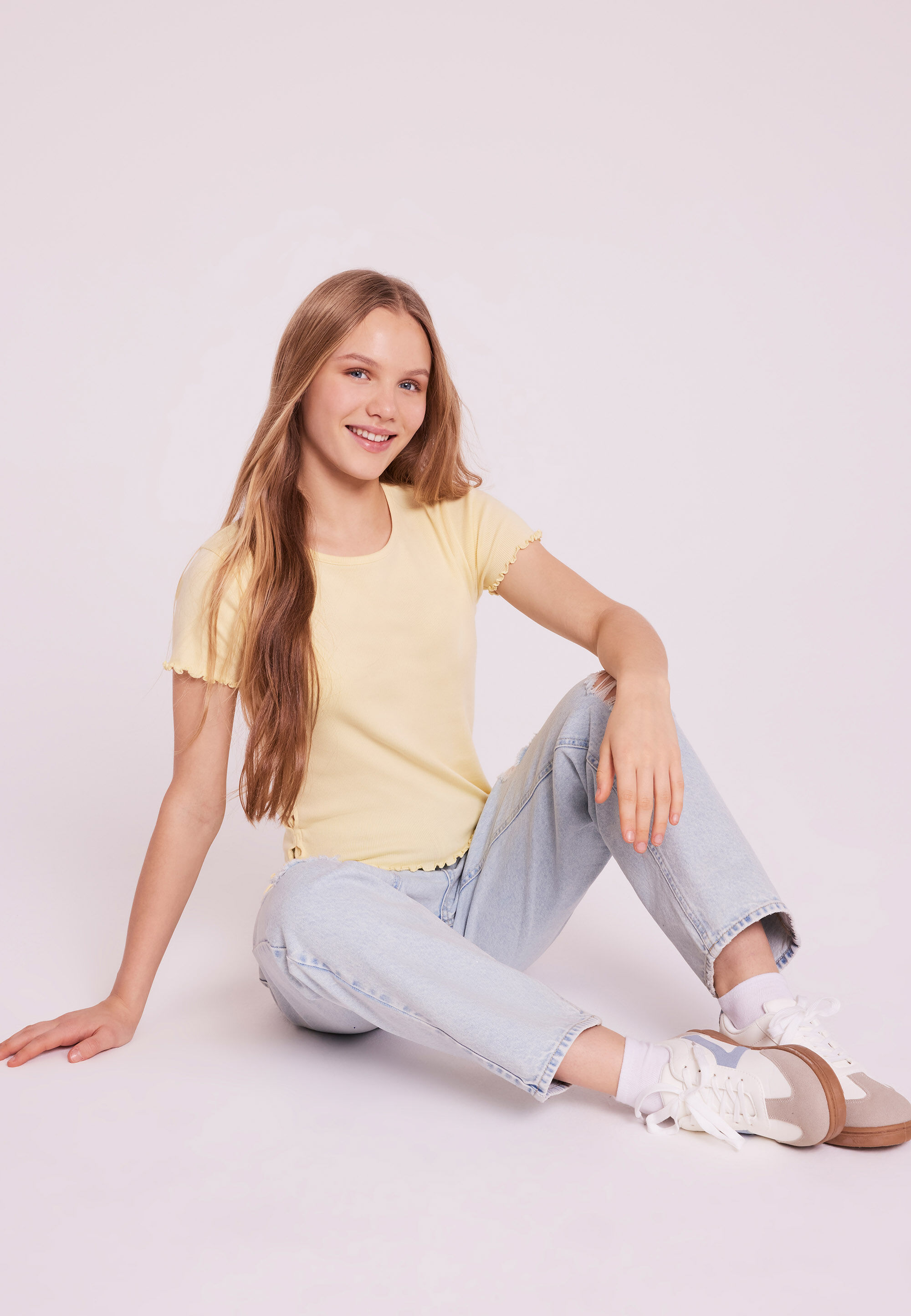 Older Girls Lemon Yellow Ribbed Side Tie Top