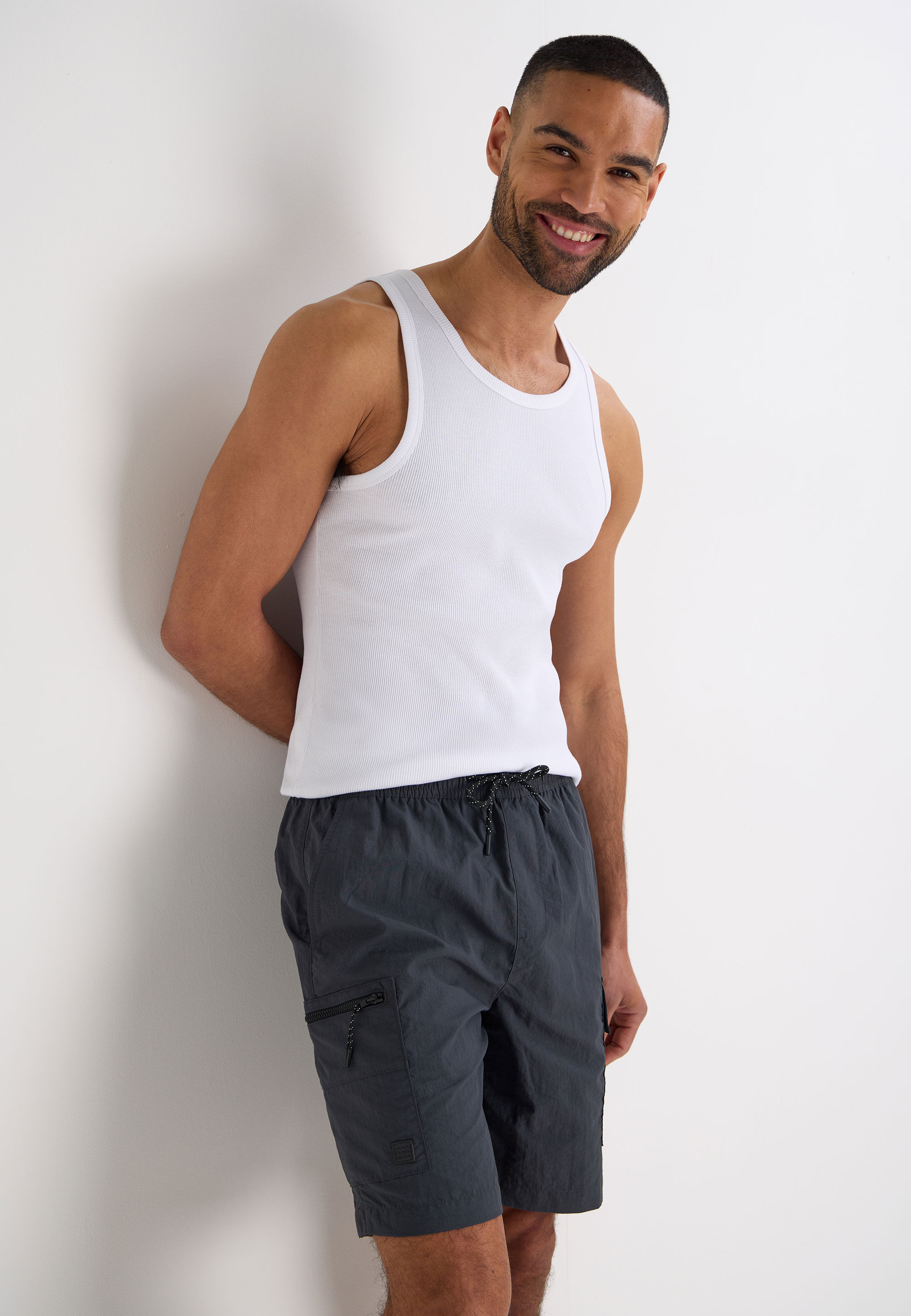 Mens Charcoal Longer Length Cargo Swim Shorts
