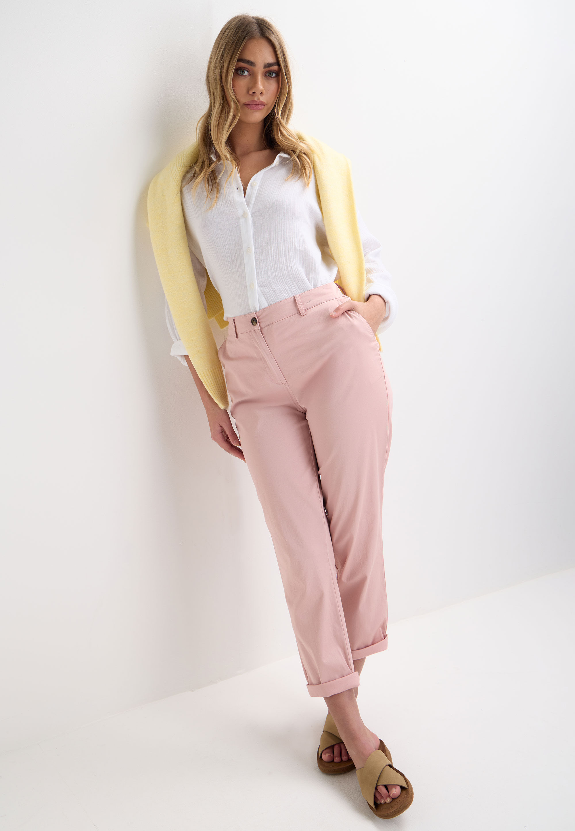 Womens Pink Plain Cropped Chino Trousers