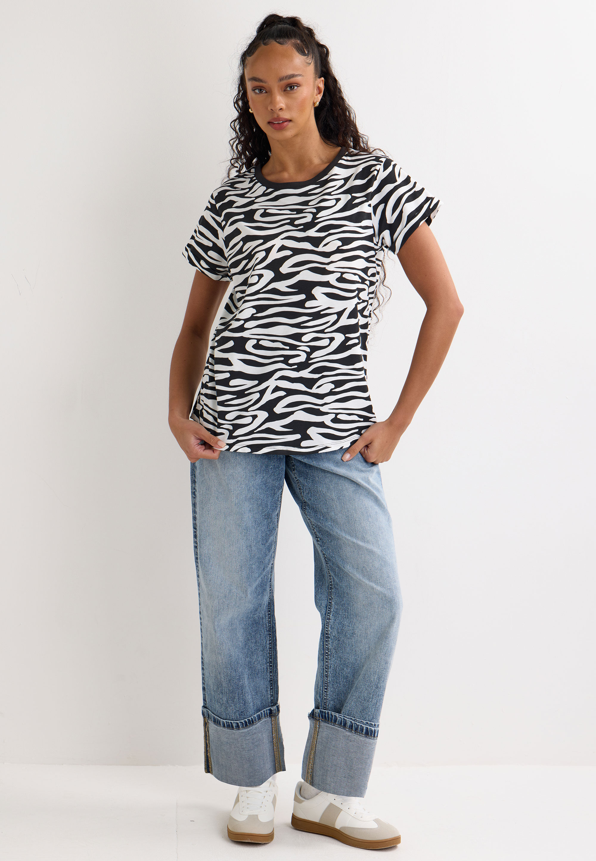 Womens Black Zebra Print Roll Sleeve T-Shirt