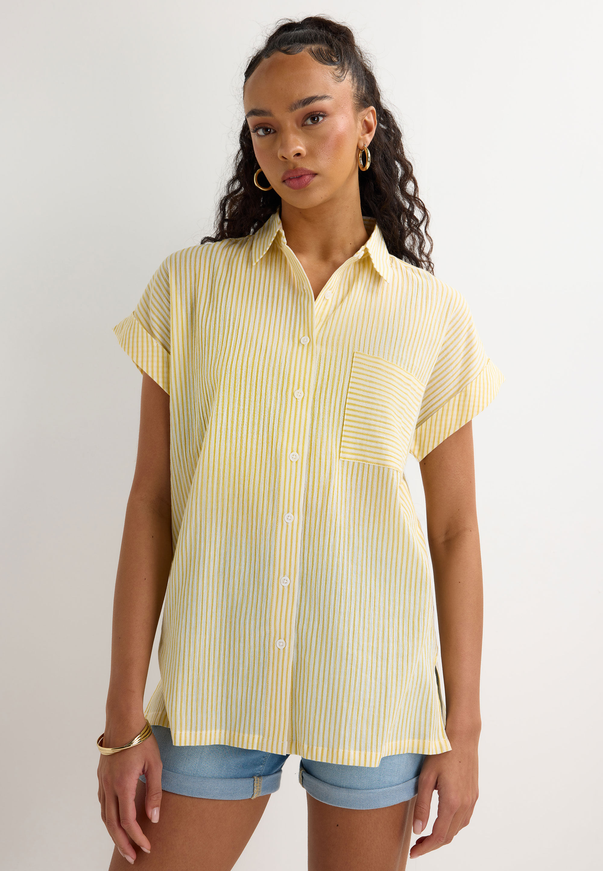 Womens Yellow Stripe Crinkle Short Sleeve Shirt