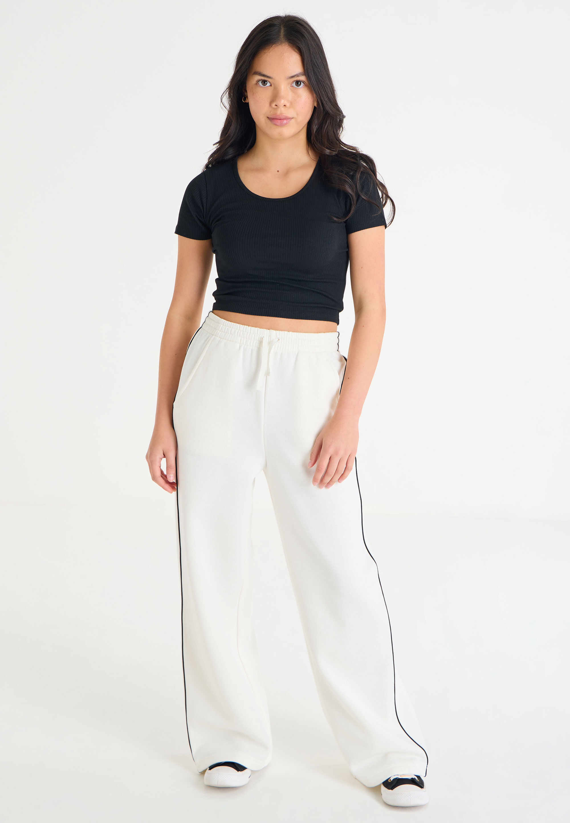Older Girls Cream & Black Piped Wide Leg Joggers