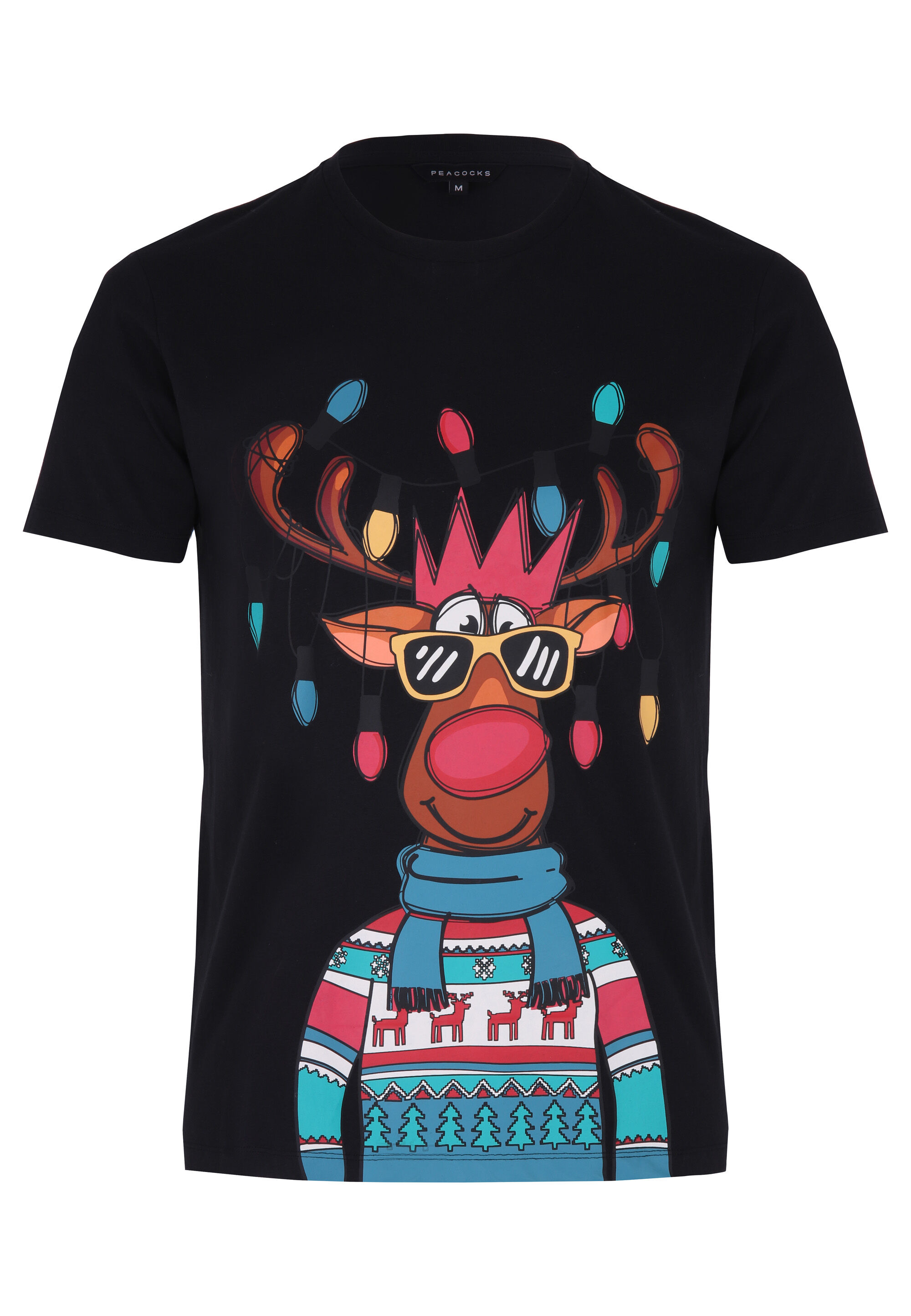 Mens Black Reindeer Novelty Christmas T-Shirt