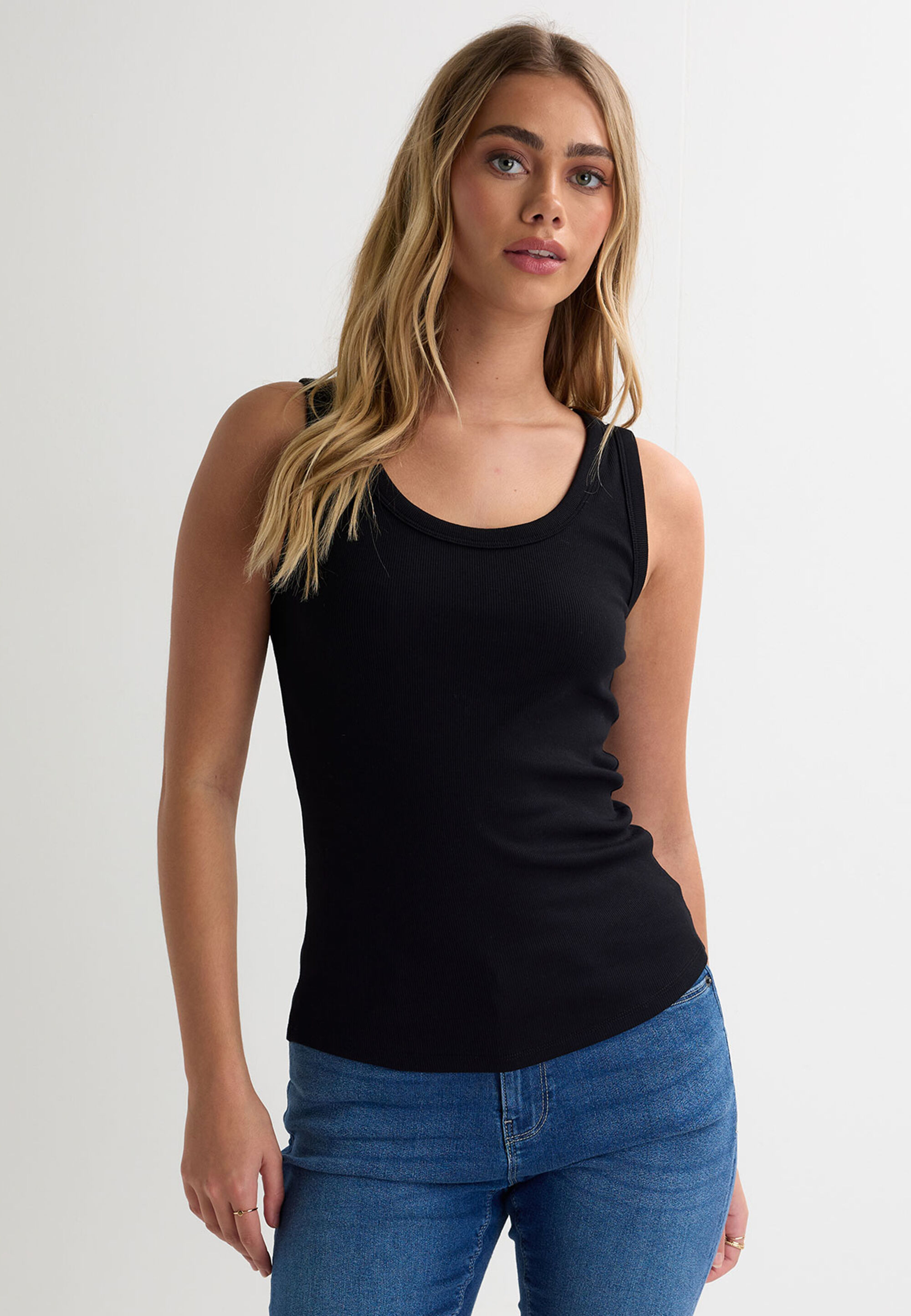 Womens Black Plain Basic Stretch Vest Top
