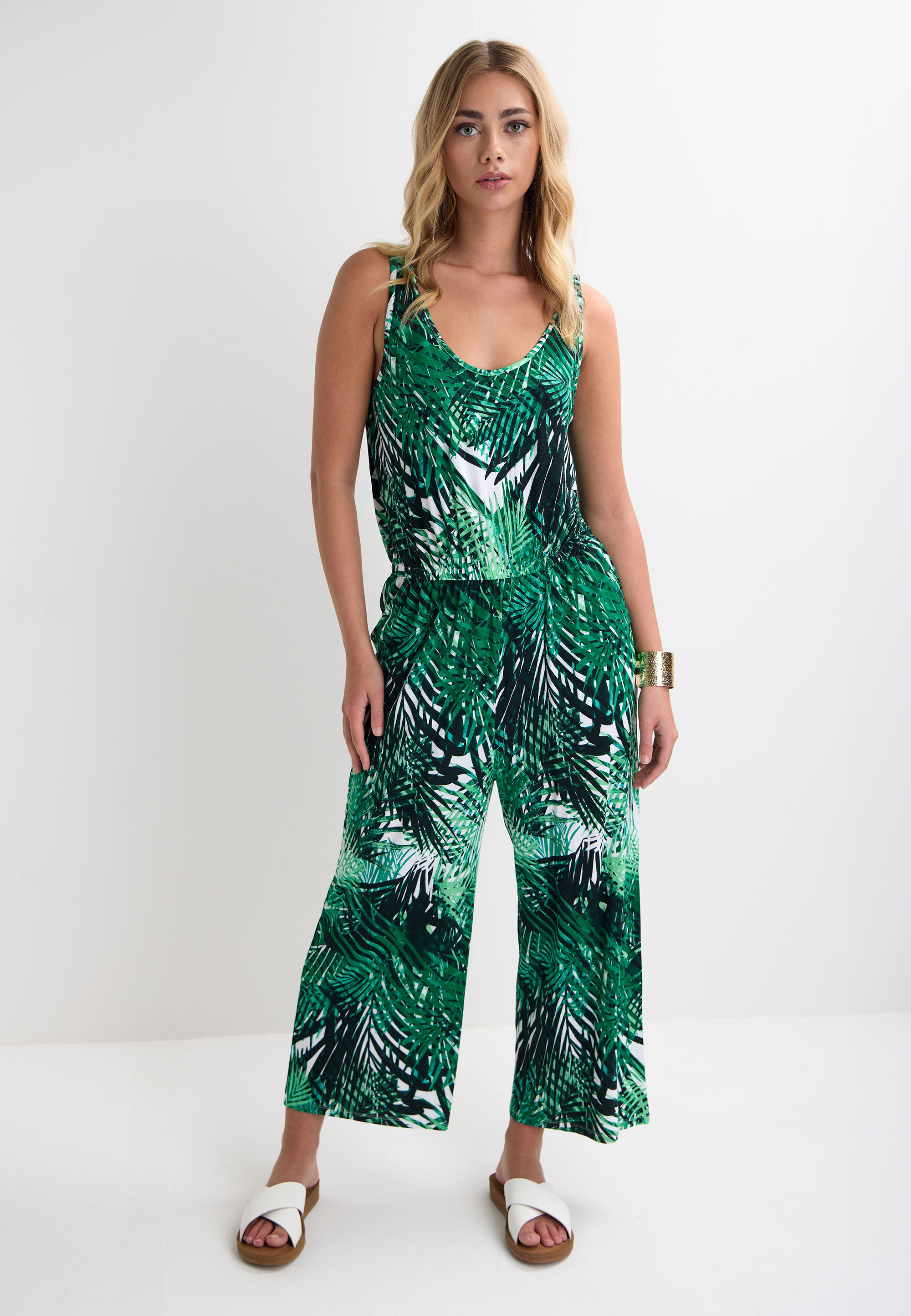 Womens Green Leaf Print Jumpsuit