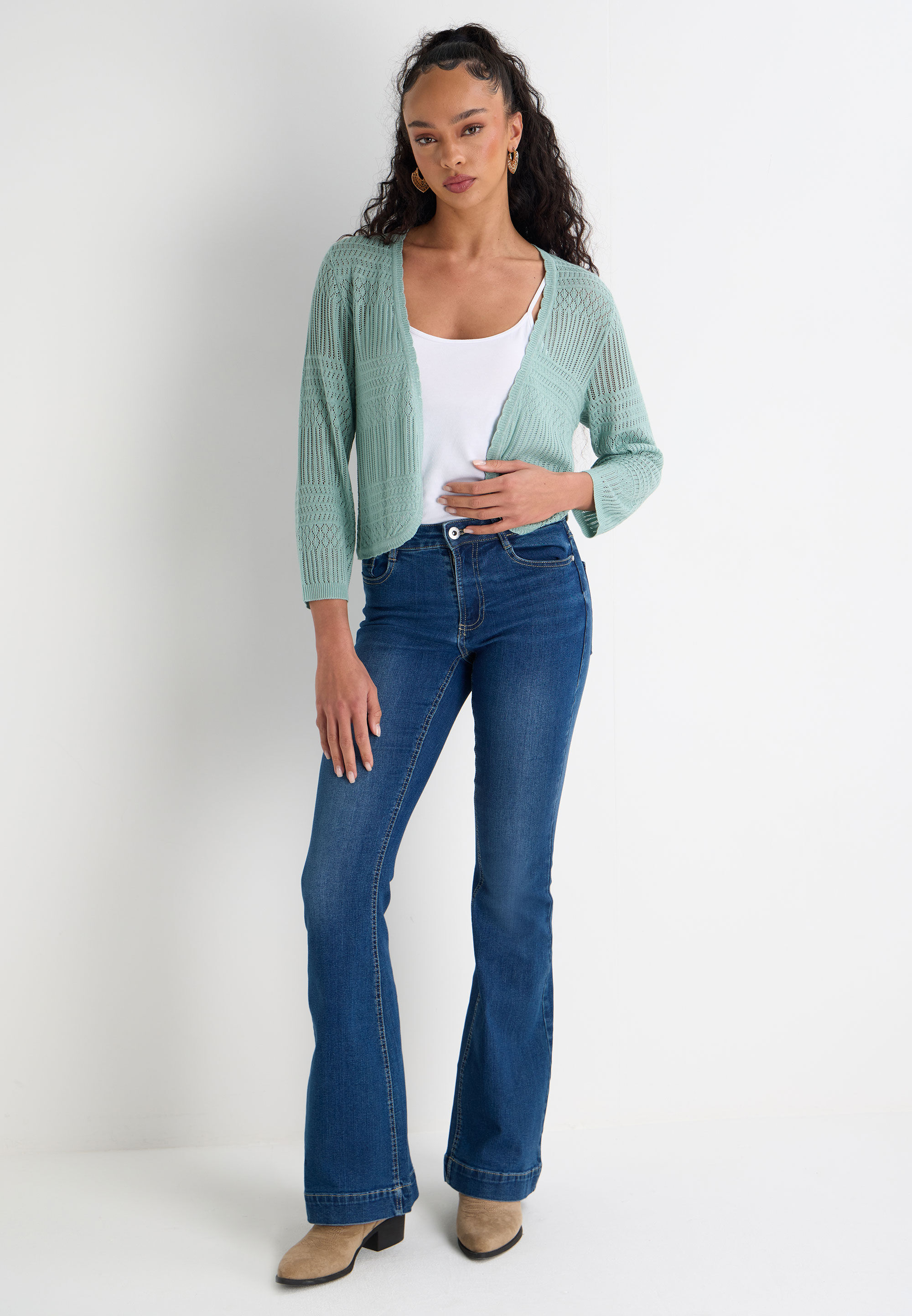 Womens Sage Pointelle Curve Hem Cardigan