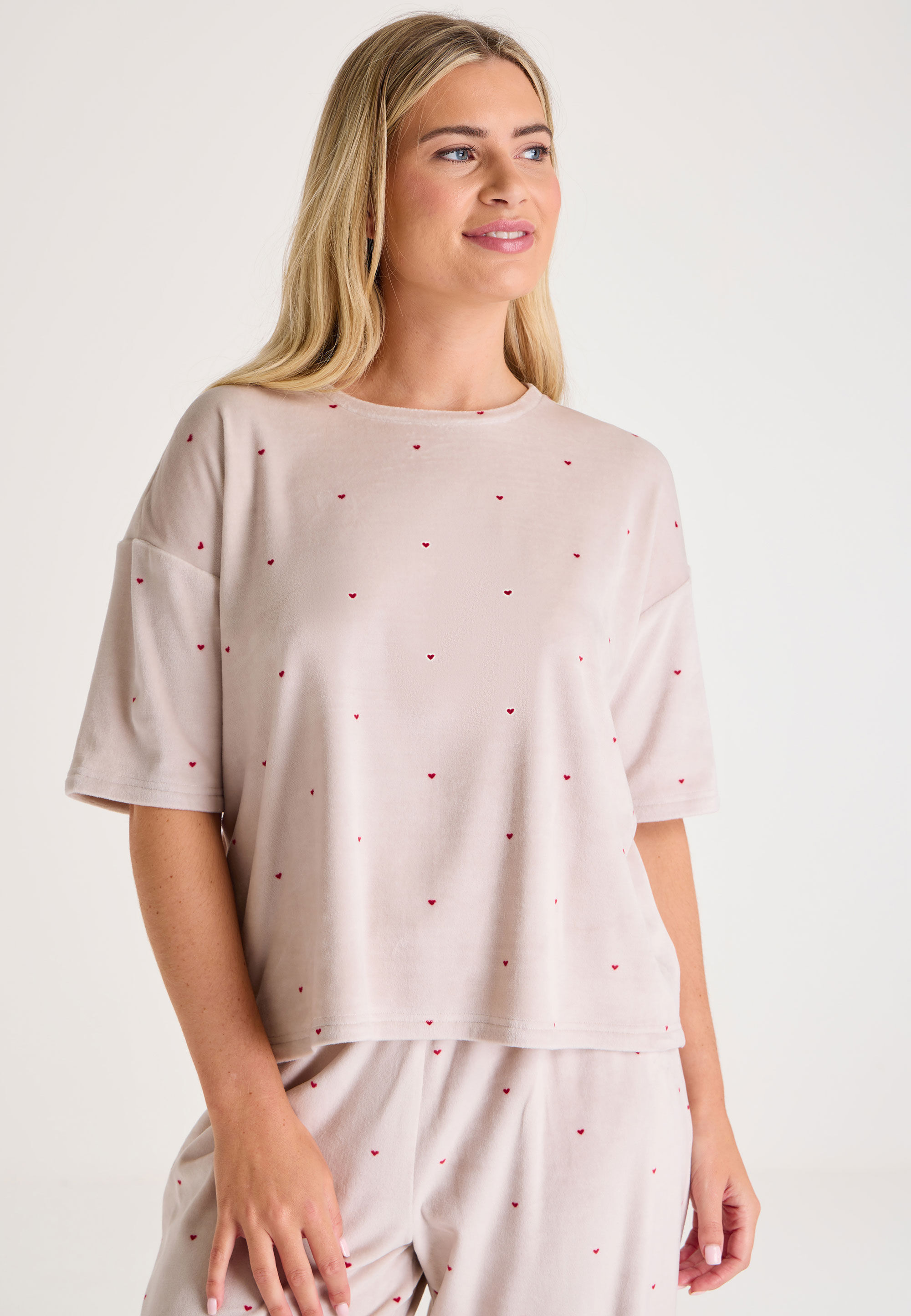 Womens Cream Heart Print Fleece Pyjama Top