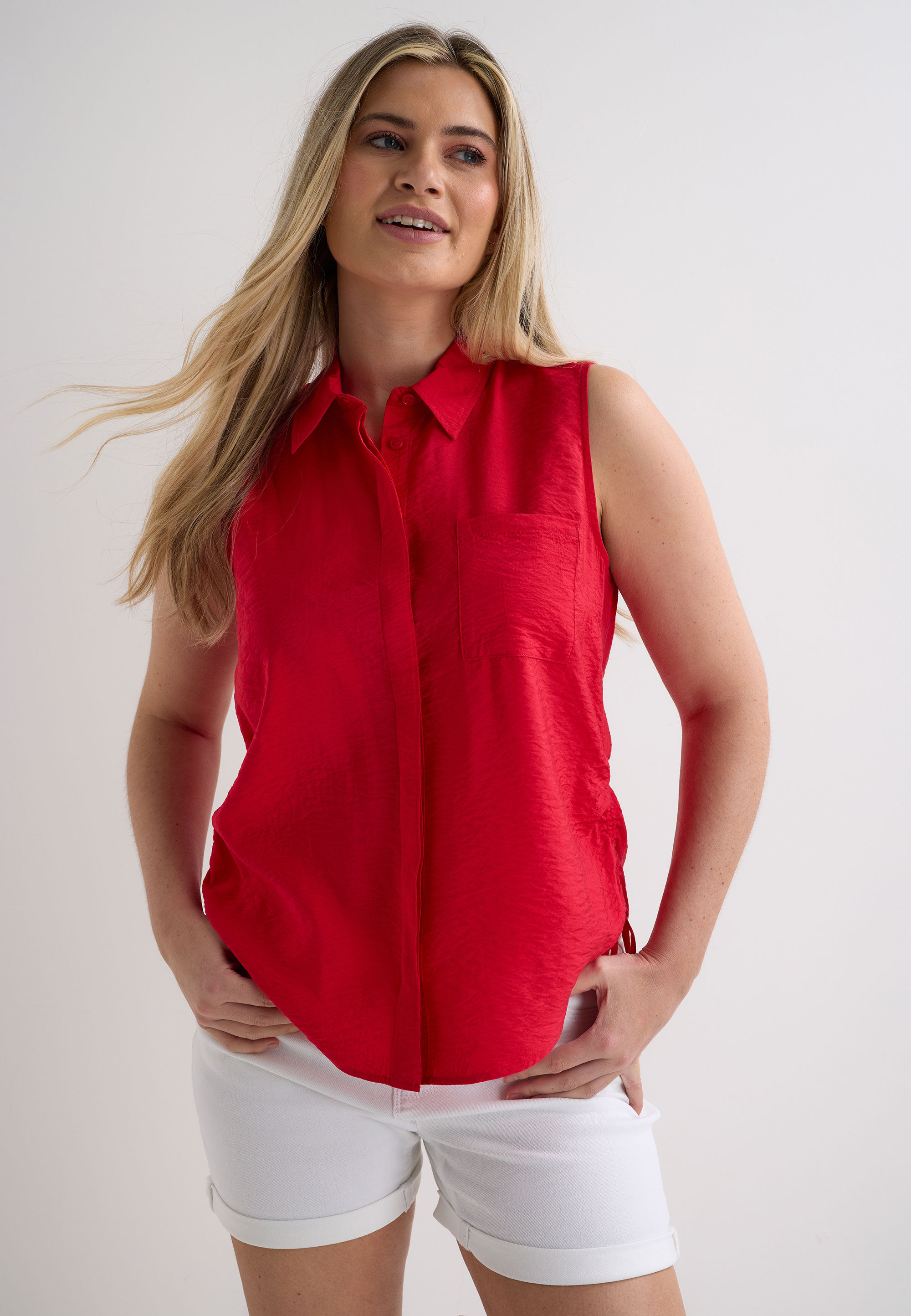 Womens Red Crinkle Ruched Side Sleeveless Shirt