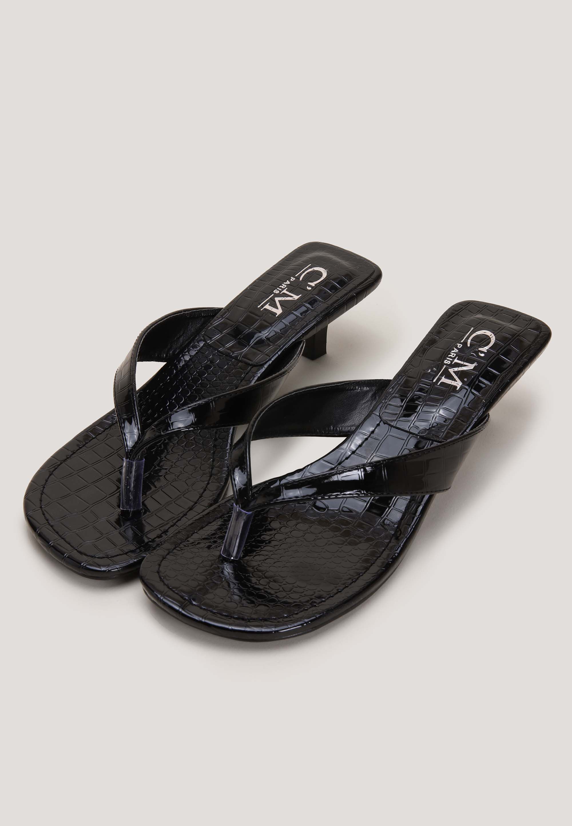 Womens Black Croc Toe Post Kitten Heel Sandal