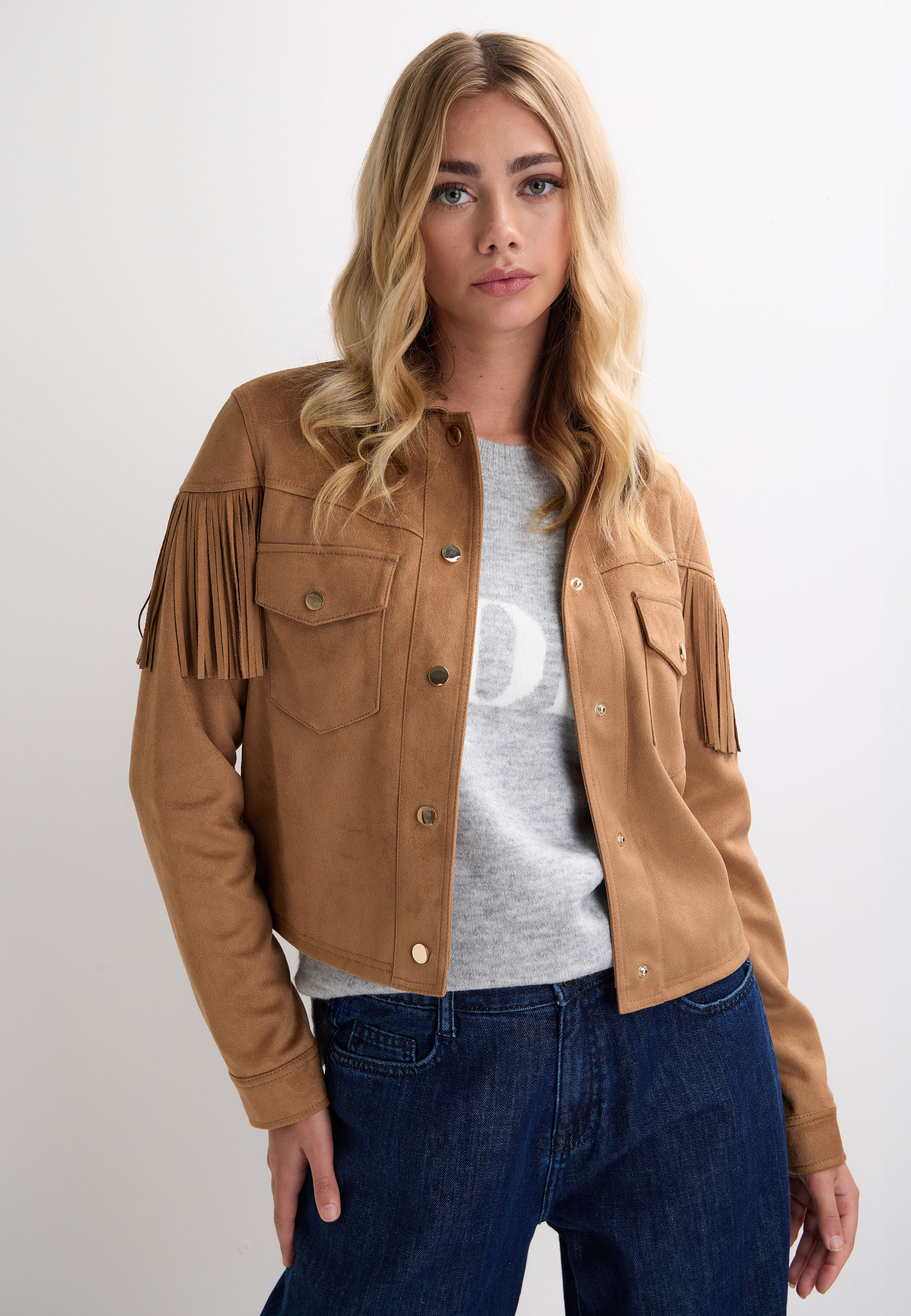 Womens Tan Suedette Fringe Jacket