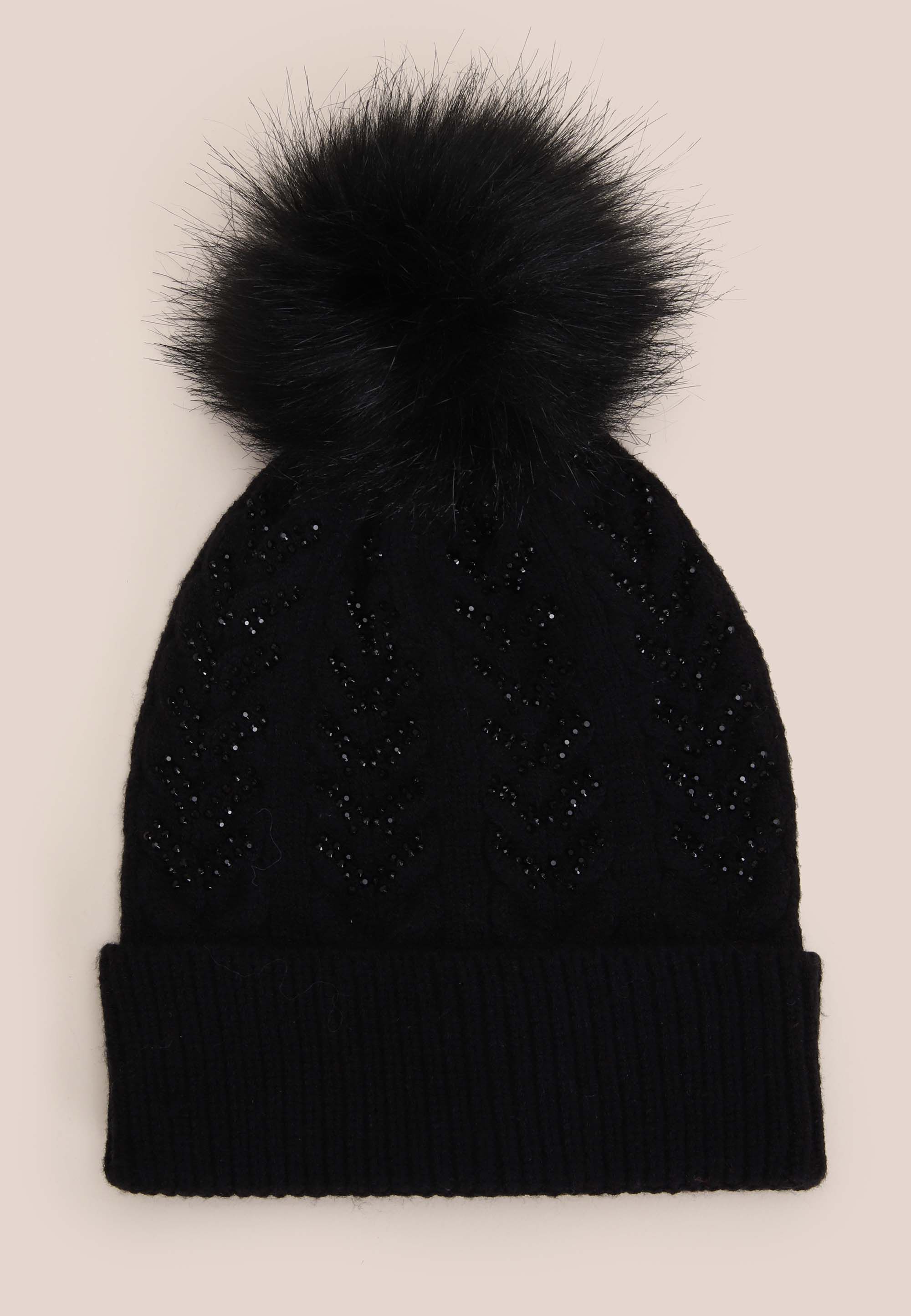 Womens Black Diamante Bobble Beanie Hat