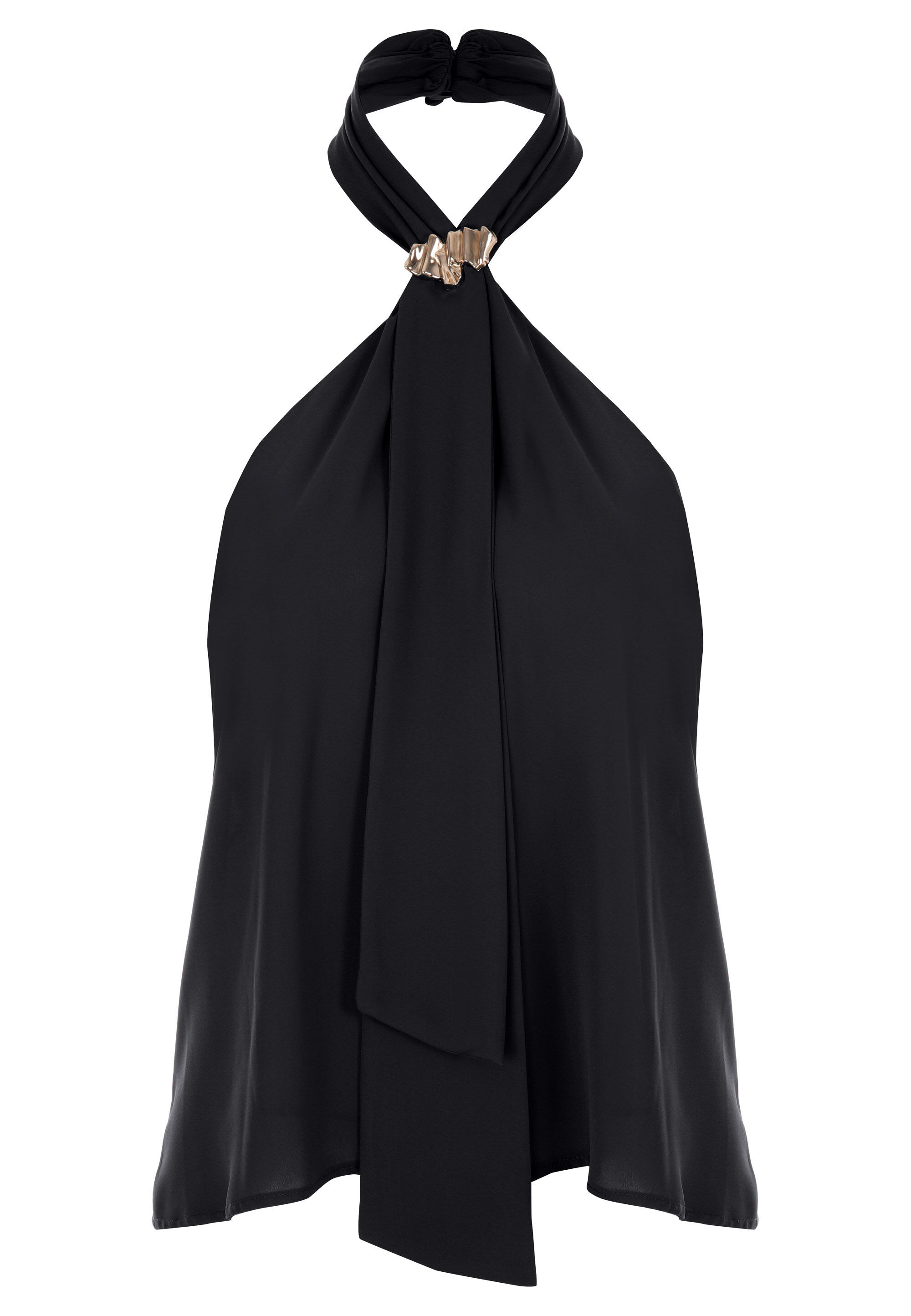 Womens Black Gold Bar Drape Halter Top