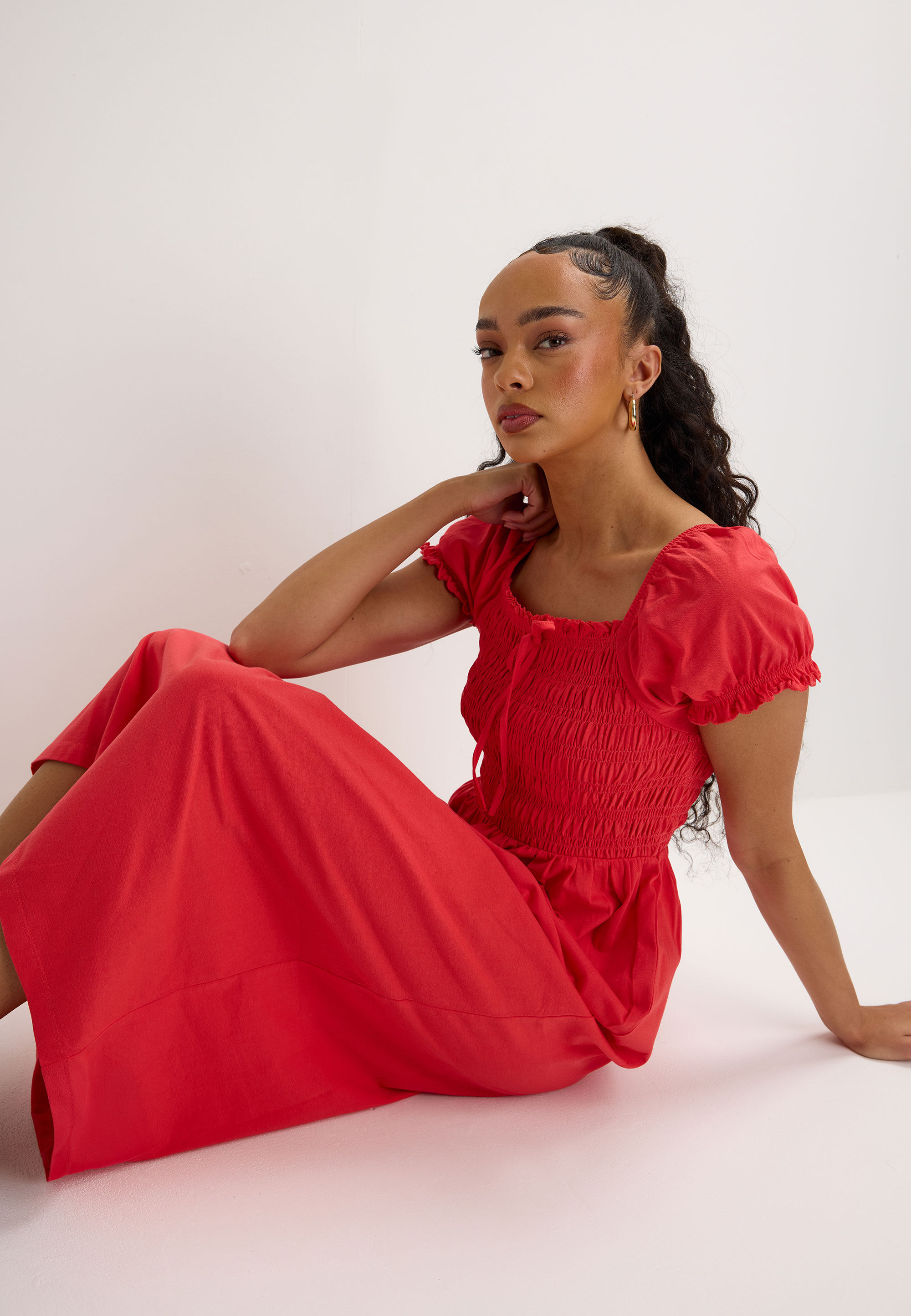 Womens Red Shirred Milkmaid Tie Detail Midi Dress