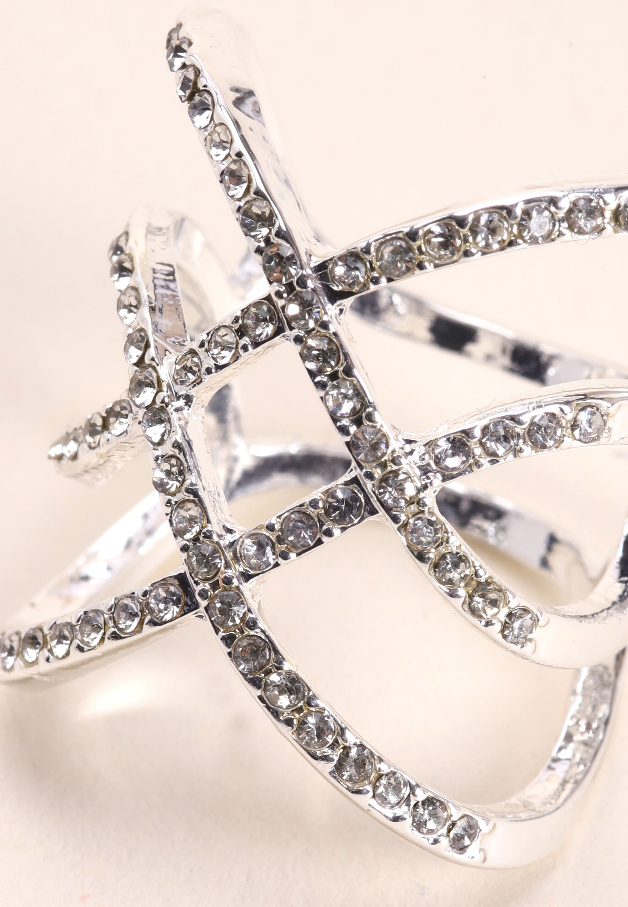 Womens Silver Diamante Cross Over Ring