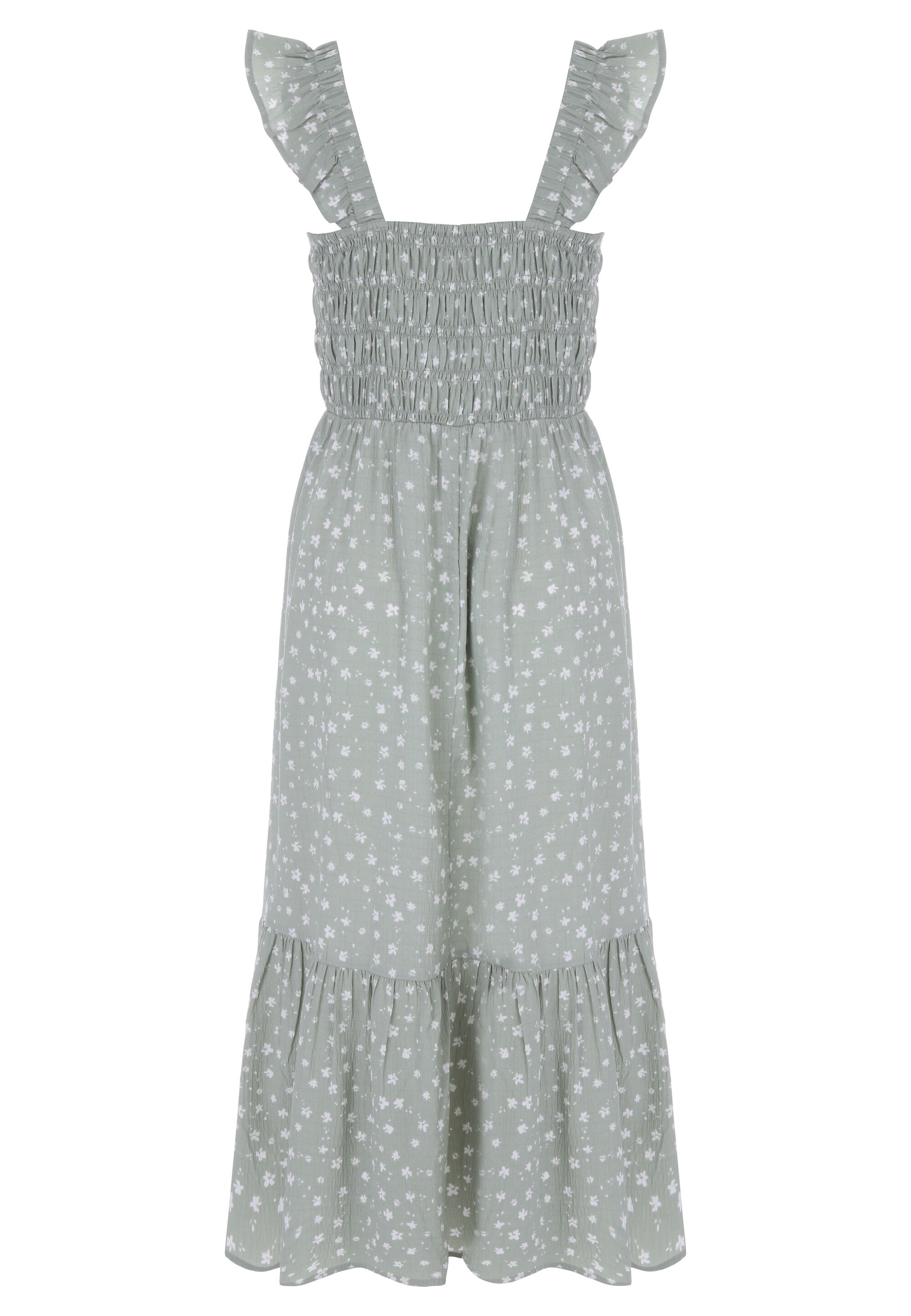 Womens Sage Floral Shirred Flutter Sleeve Midi Dress