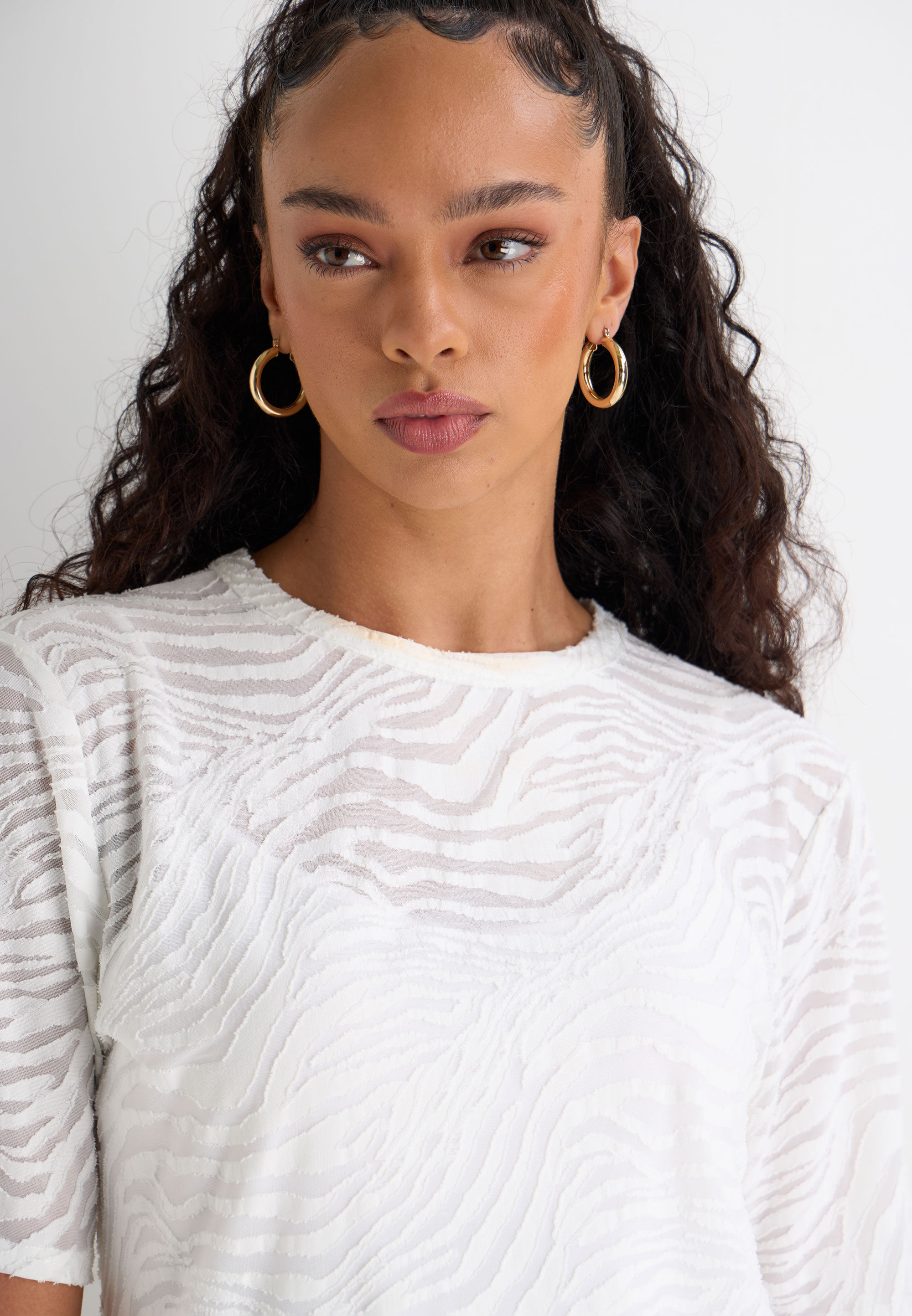 Womens Cream Zebra Burnout Short Sleeve Top