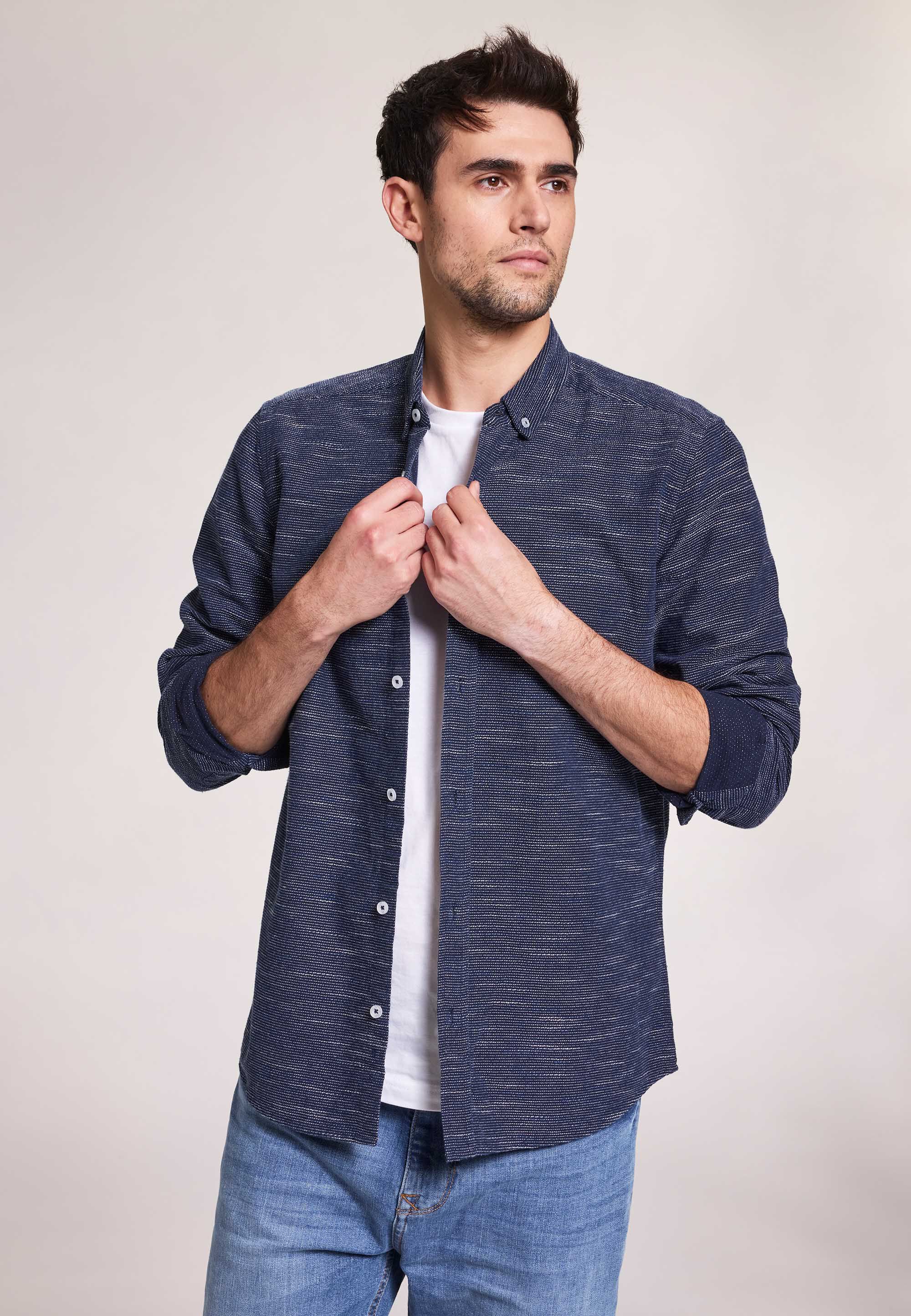 Mens Navy Textured Long Sleeve Shirt