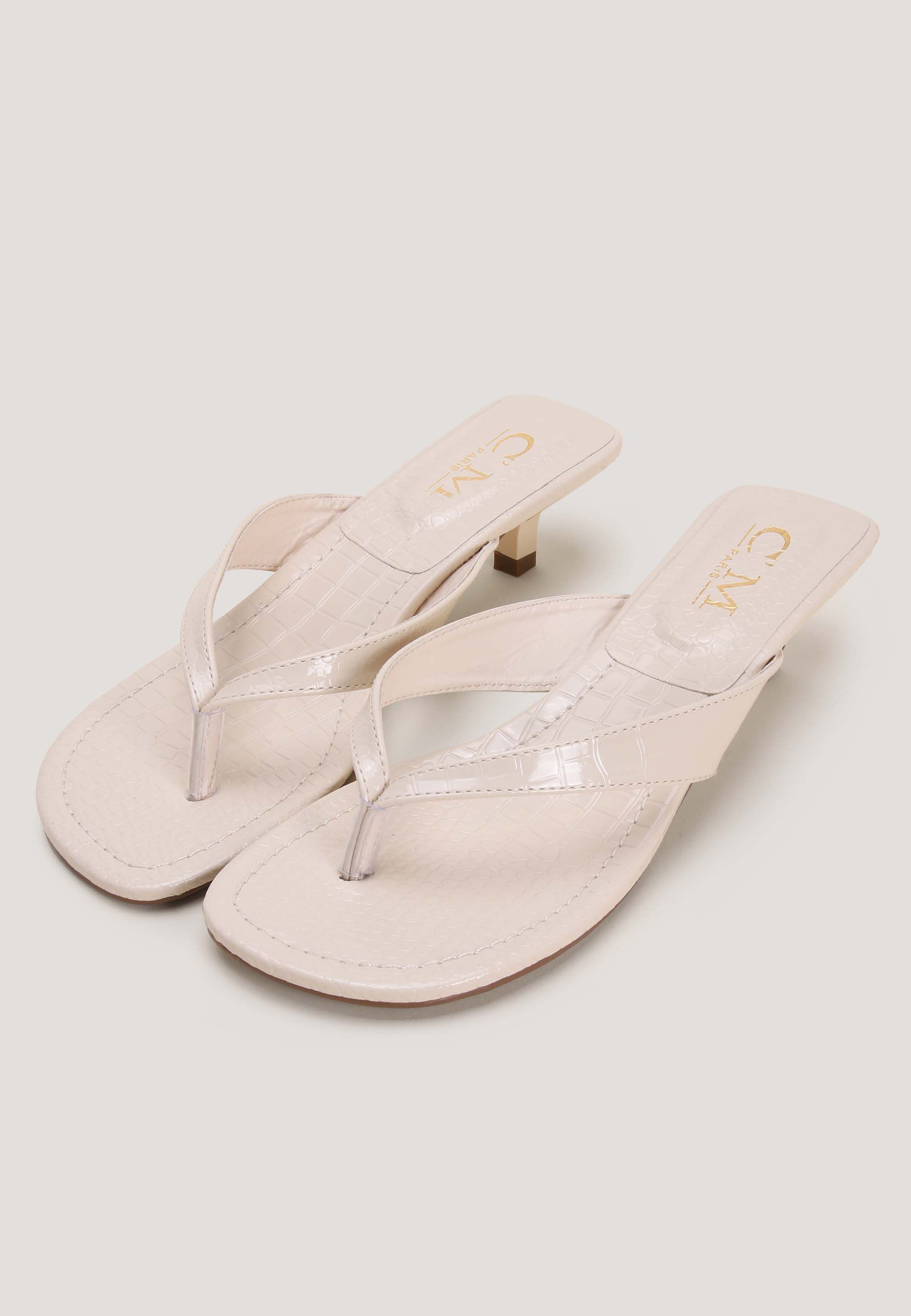 Womens Cream Croc Toe Post Kitten Heel Sandal
