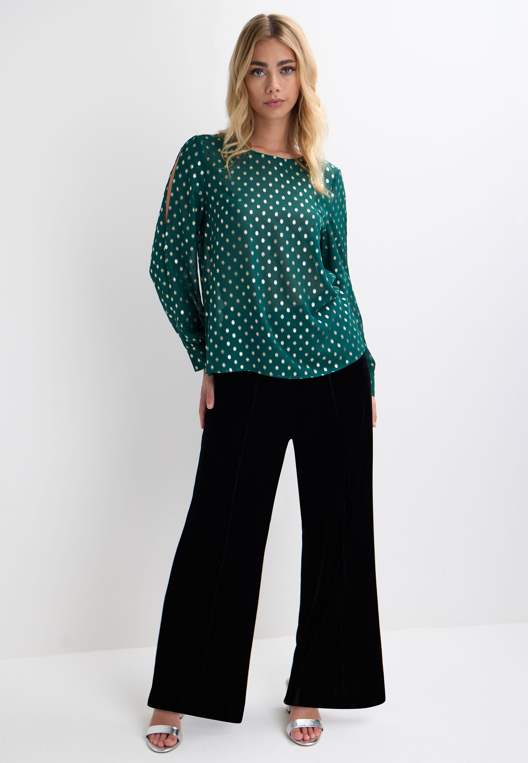 Womens Green & Gold Metallic Split Sleeve Blouse
