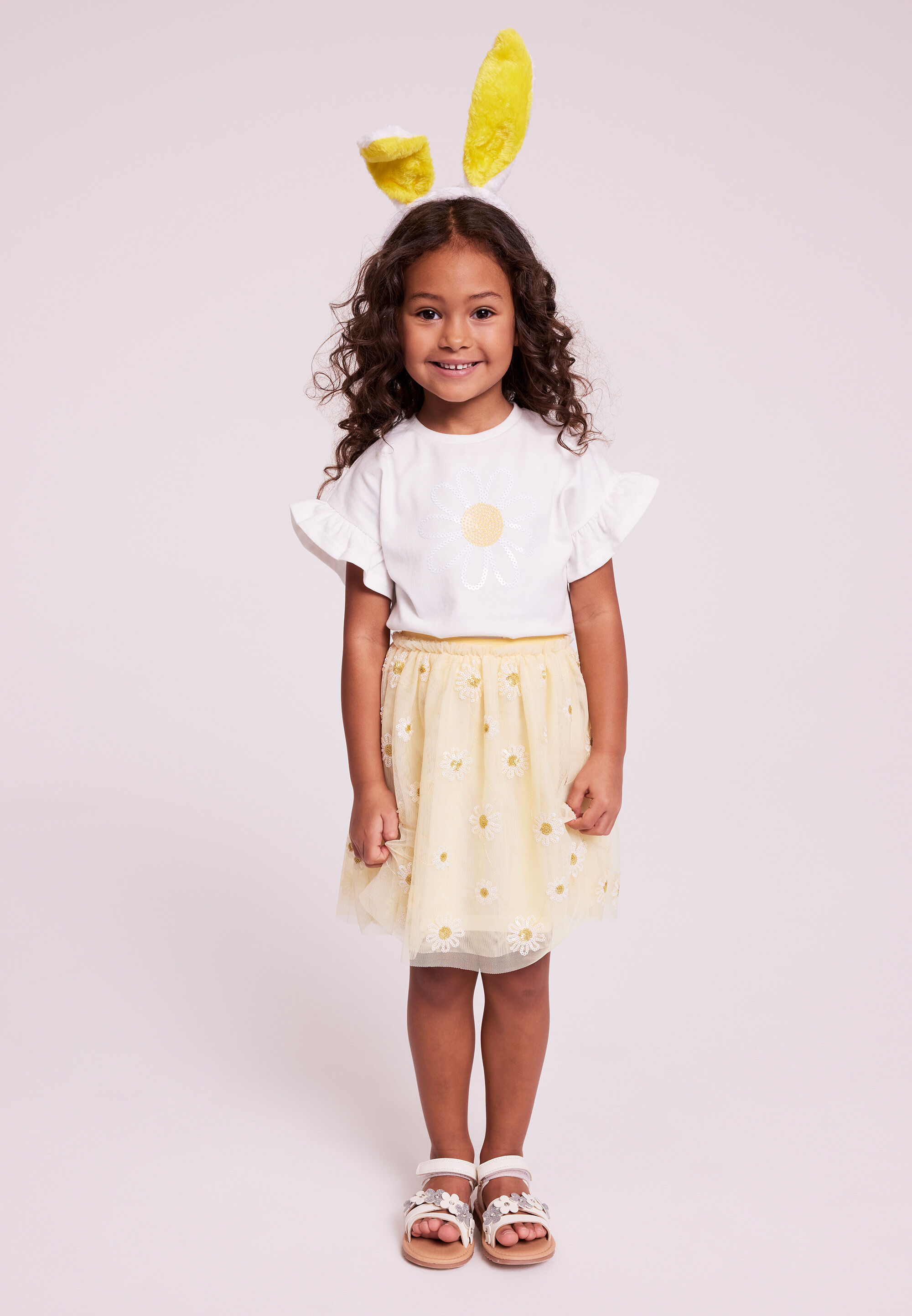 Younger Girls White & Yellow Daisy Skirt Set