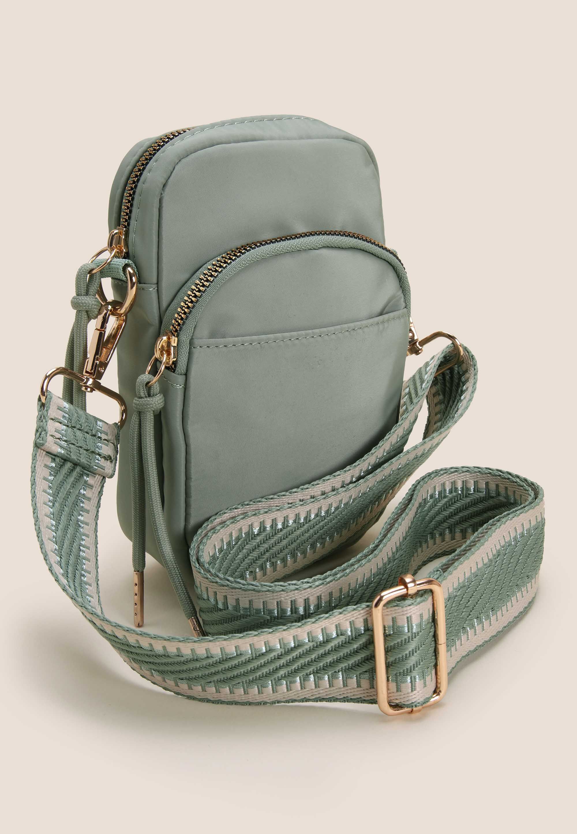 Womens Green Nylon Strap Cross Body Phone Holder