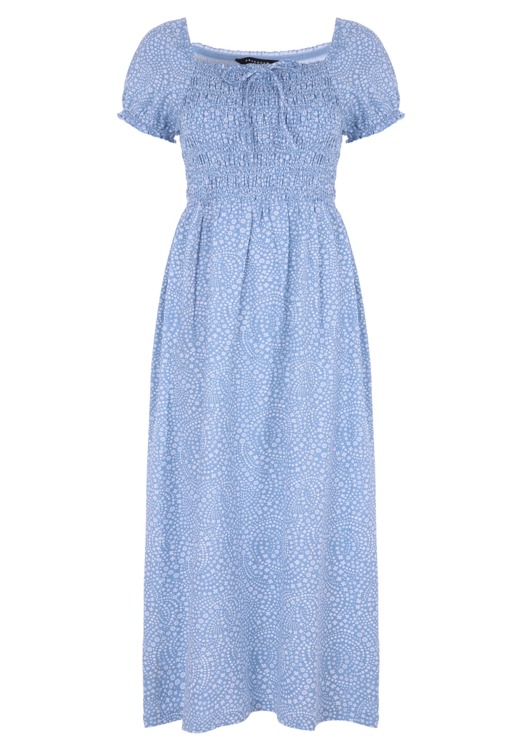 Womens Blue Floral Milkmaid Shirred Tie Detail Midi Dress
