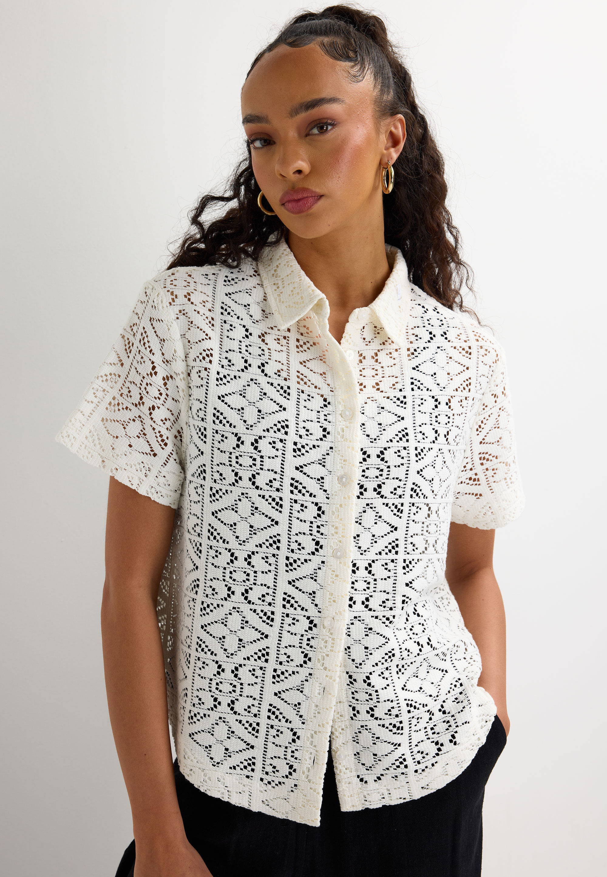 Womens White Crochet Button Front Short Sleeve Shirt