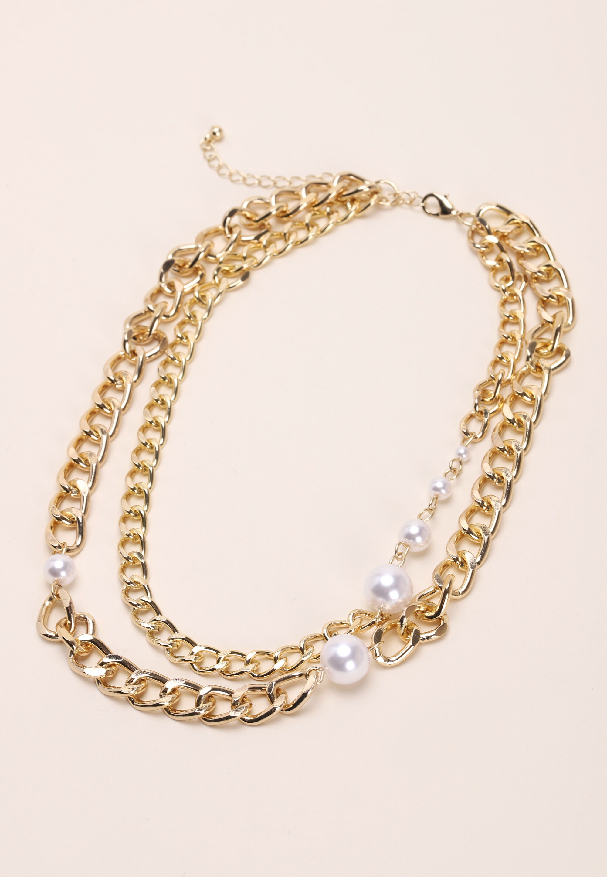 Womens Gold 2 Row Chain & Pearl Necklace