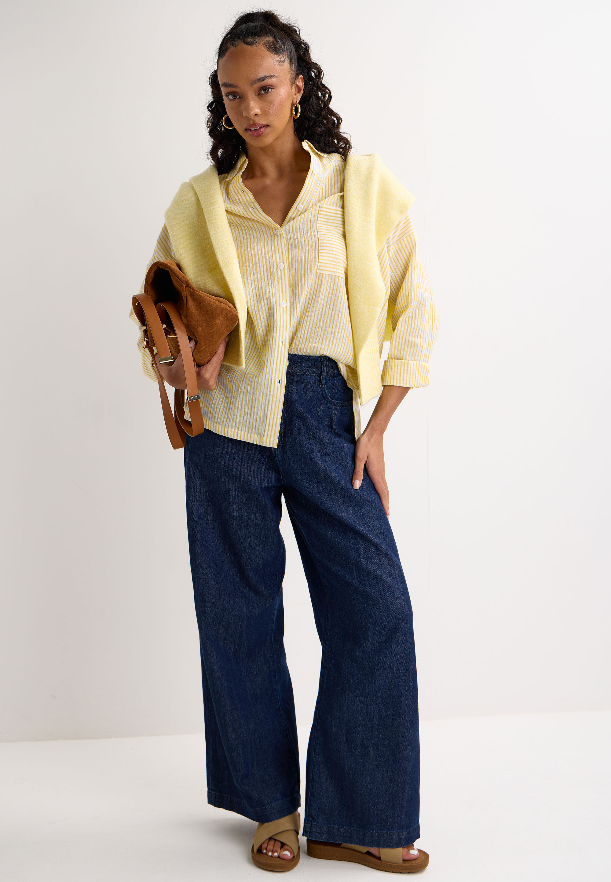 Womens Lemon Stripe Crinkle Long Sleeve Shirt