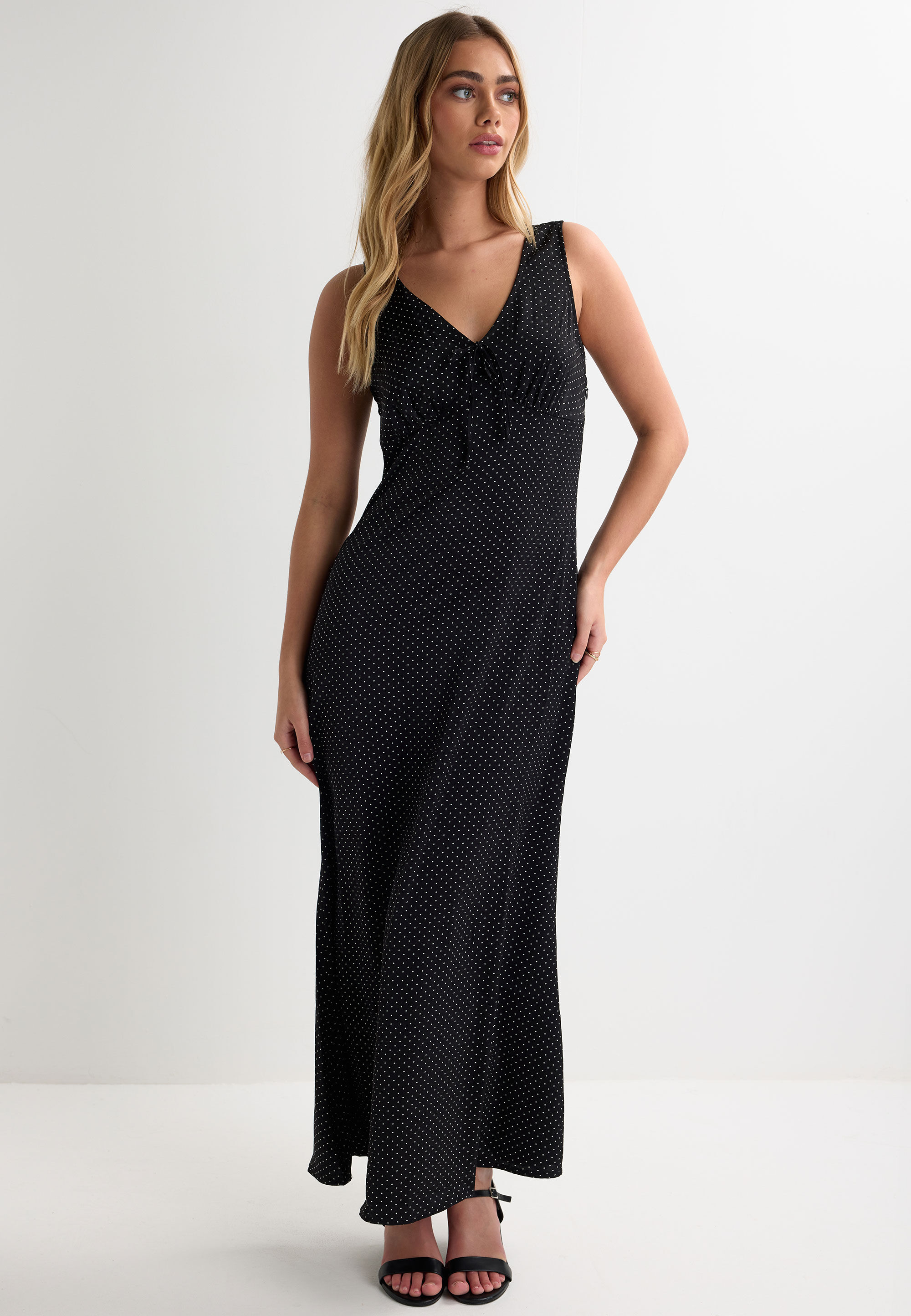 Womens Black Polka Dot Midi Slip Dress