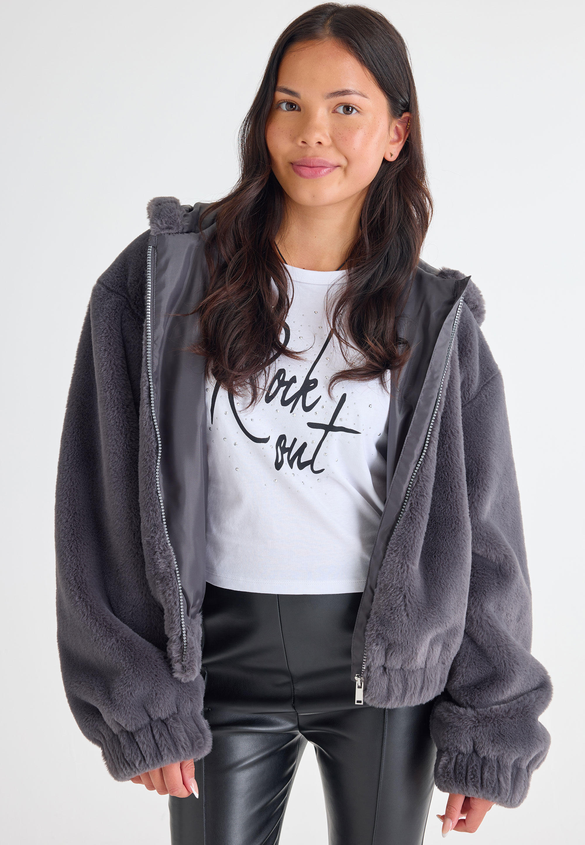 Older Girls Charcoal Faux Fur Hooded Jacket