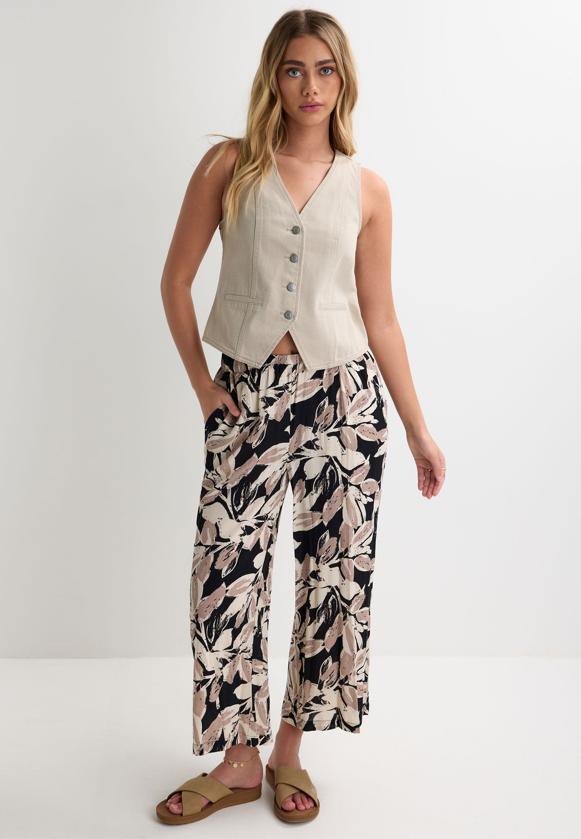 Womens Stone Denim Front Button Waistcoat