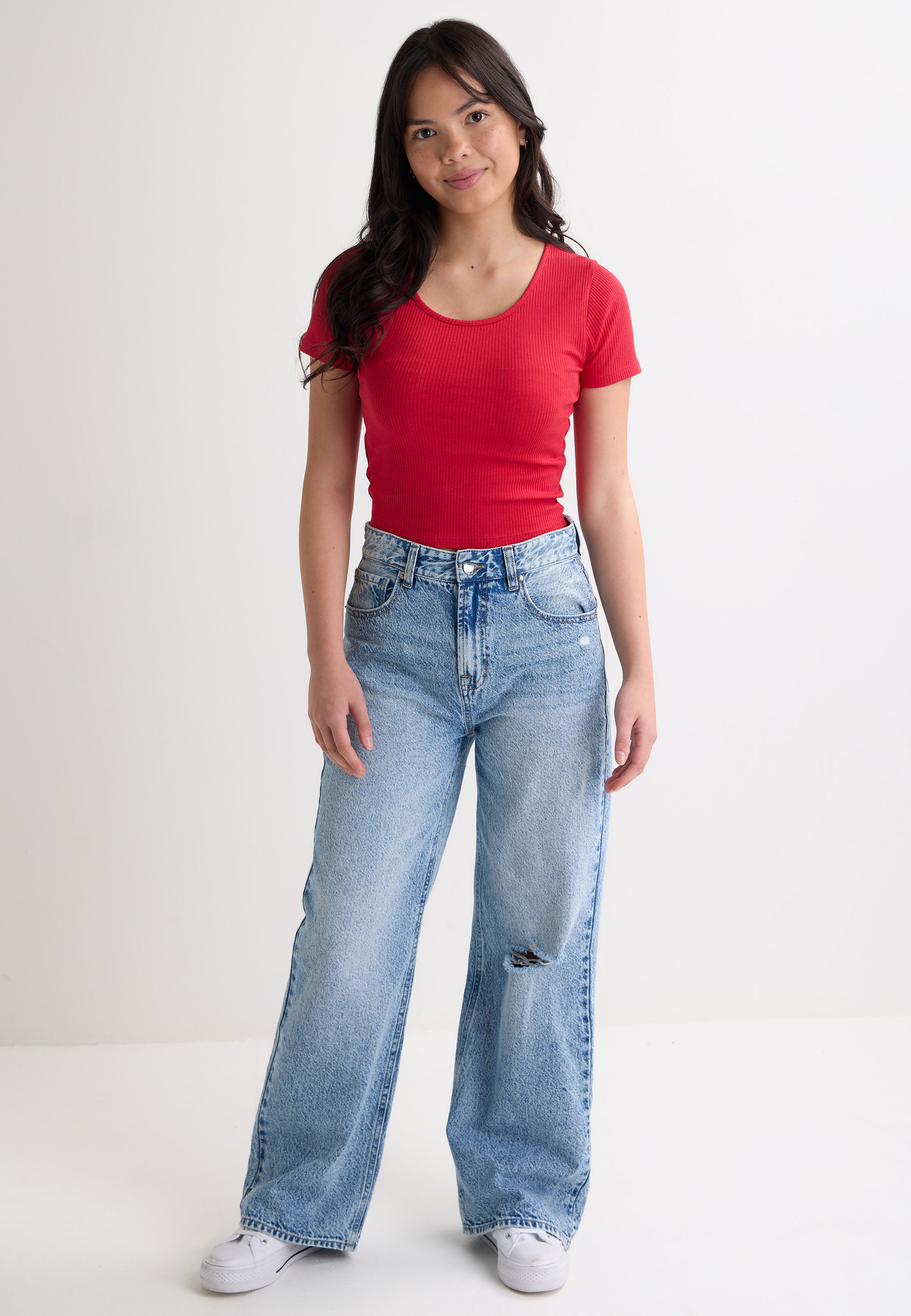 Older Girls Red Ribbed Scoop Neck Top