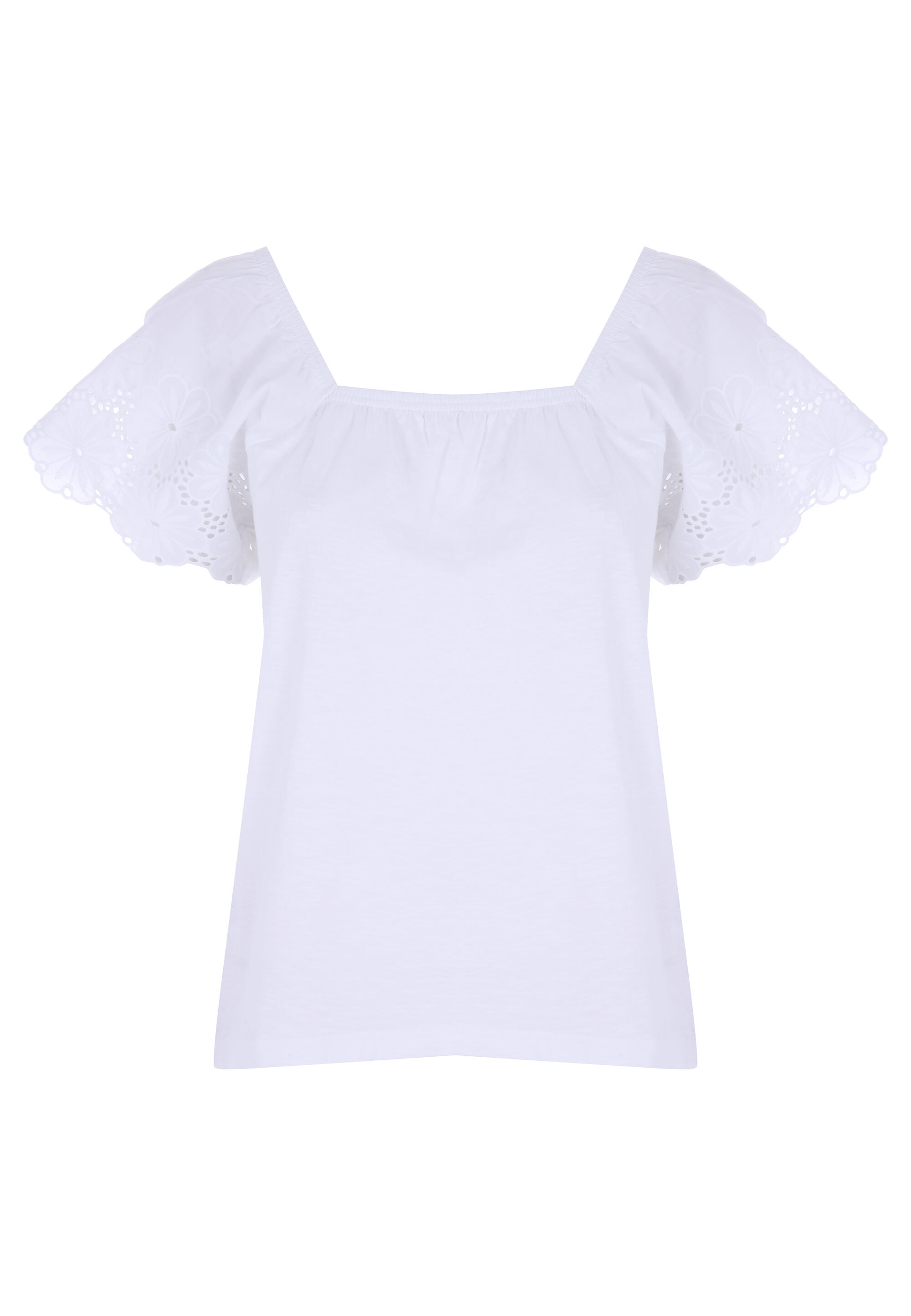 Womens White Square Neck Broderie Short Sleeve Top