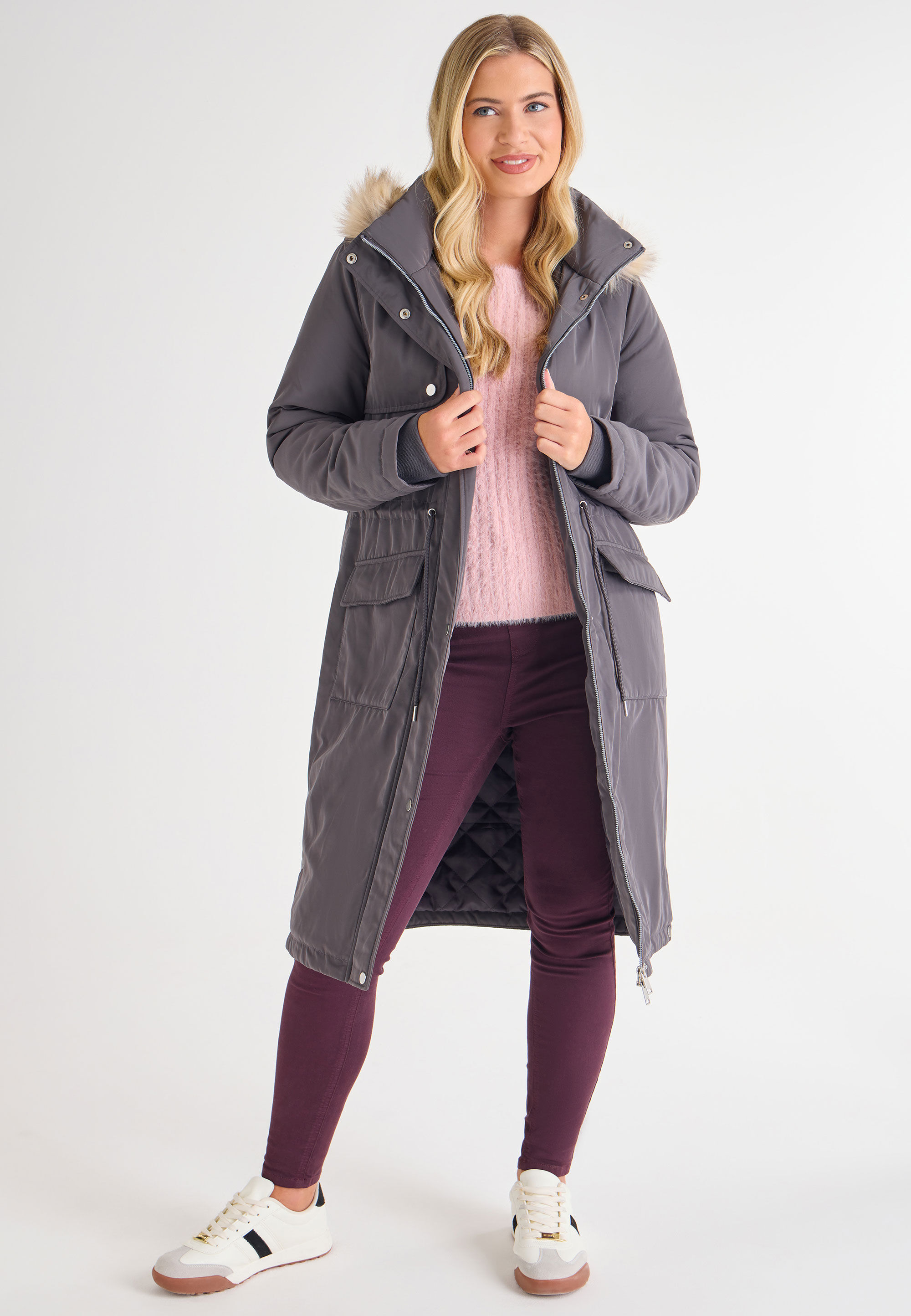 Womens Grey Mid Length Parka Coat