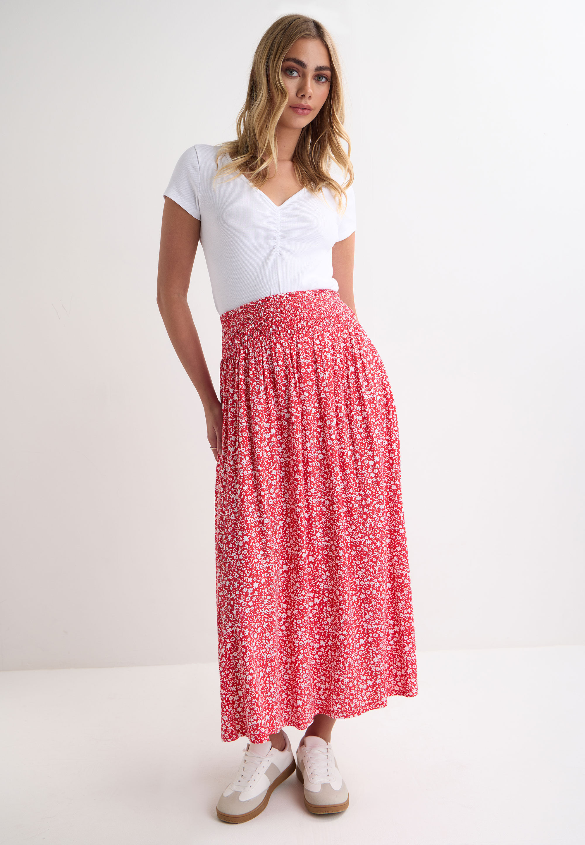 Womens Red & White Ditsy Midi Skirt