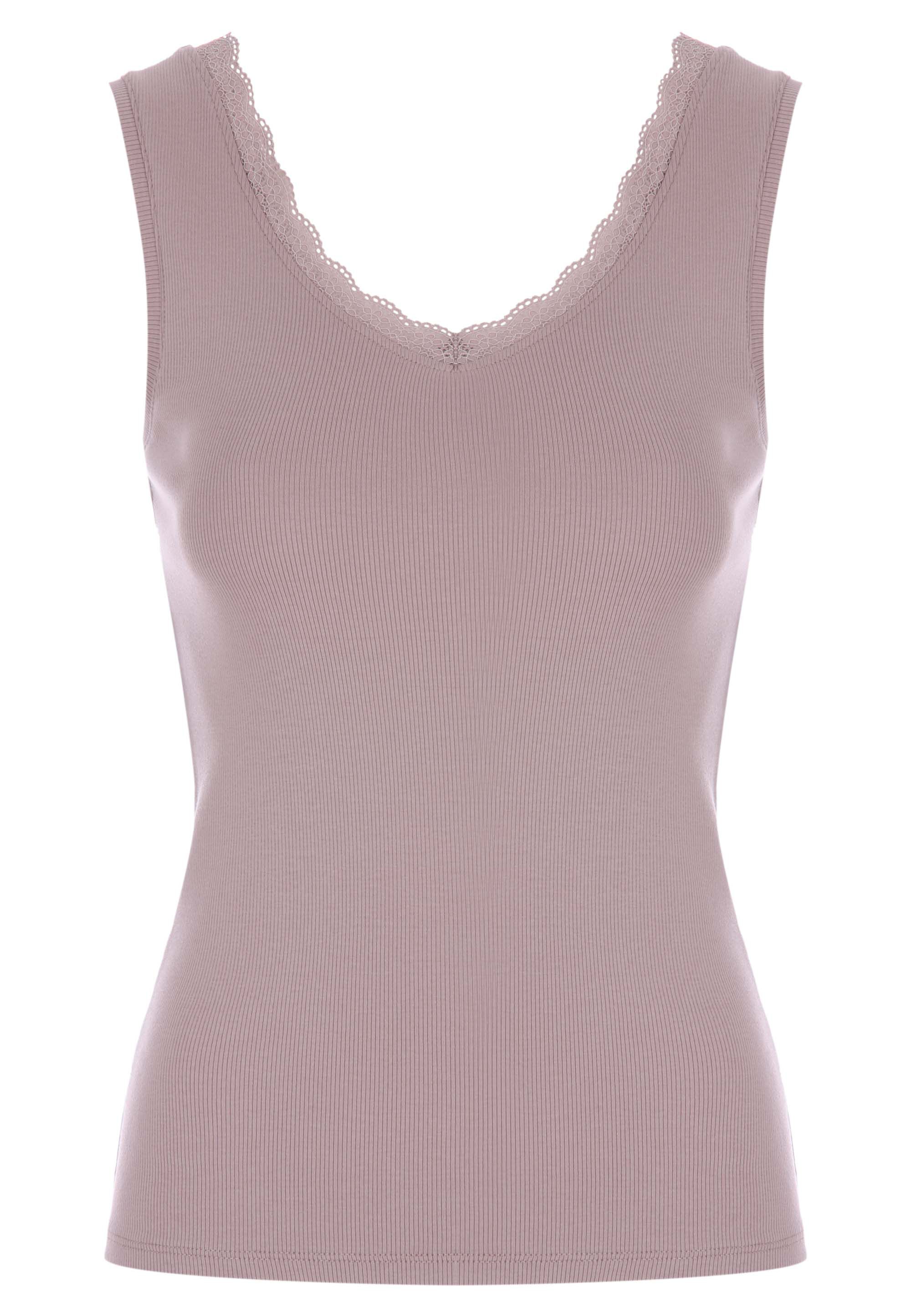 Womens Light Brown Ribbed Lace Trim Vest Top