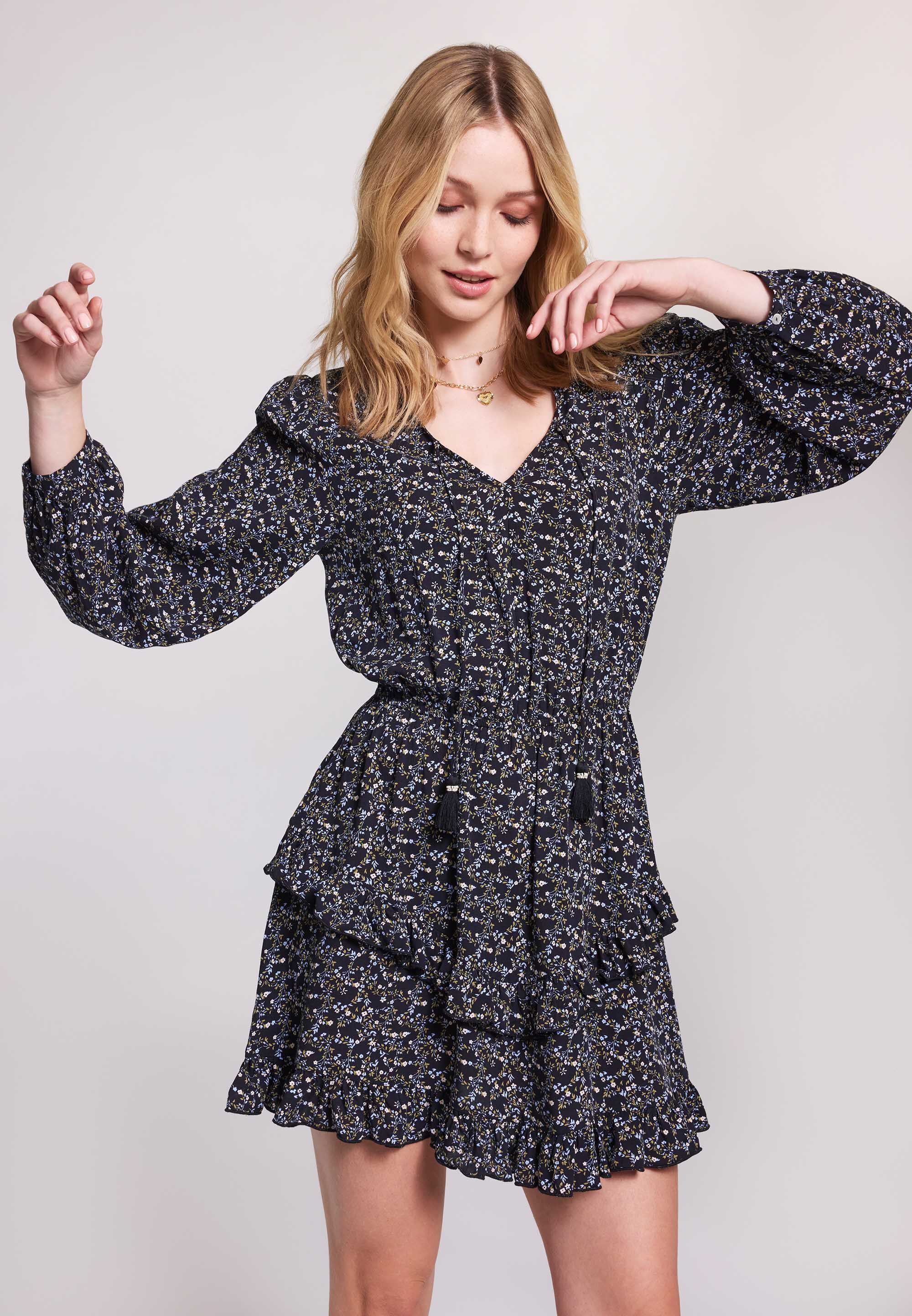 Womens Navy Ditsy Print Crinkle Tiered Dress