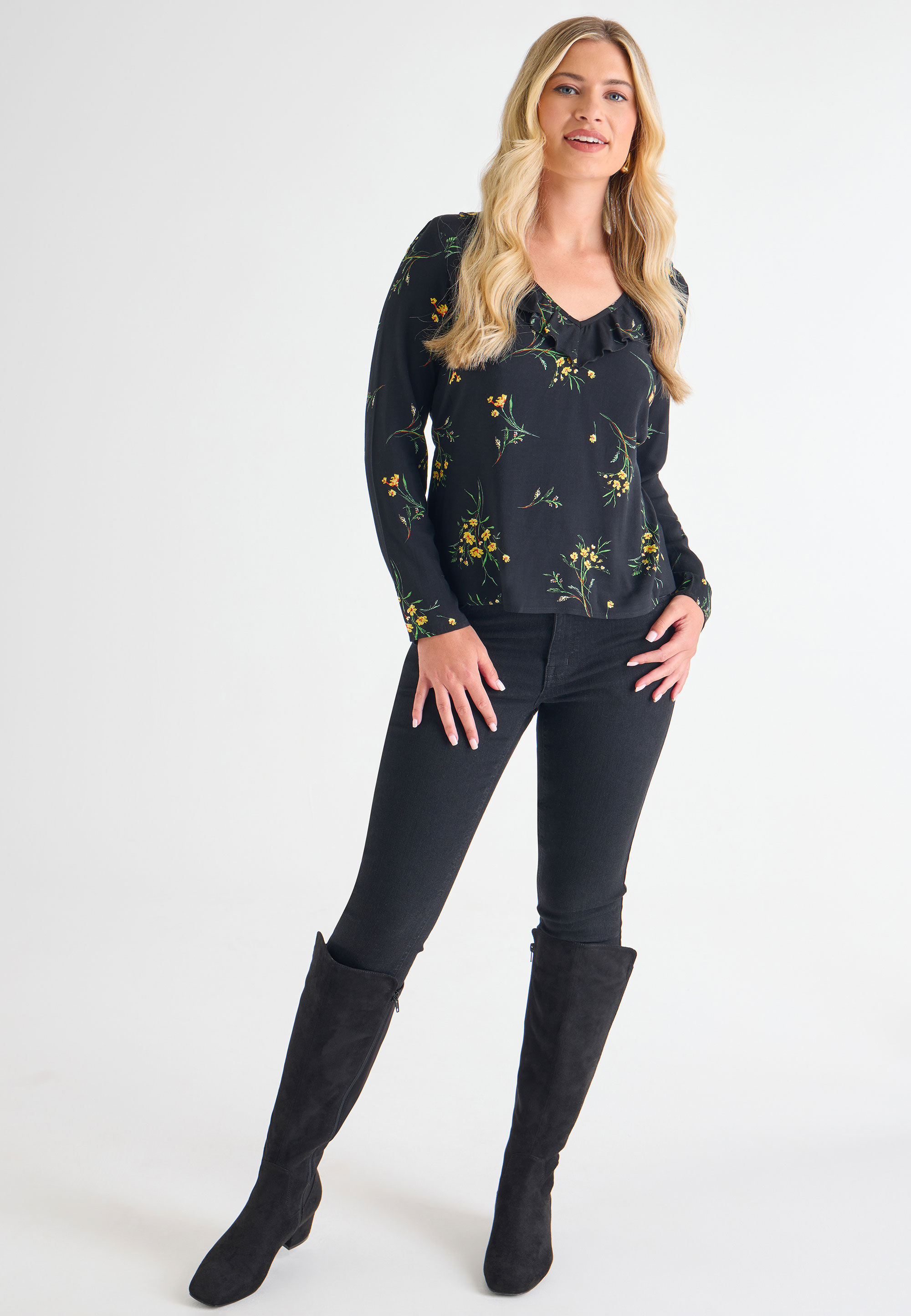 Womens Black Floral Print Ruffle Top