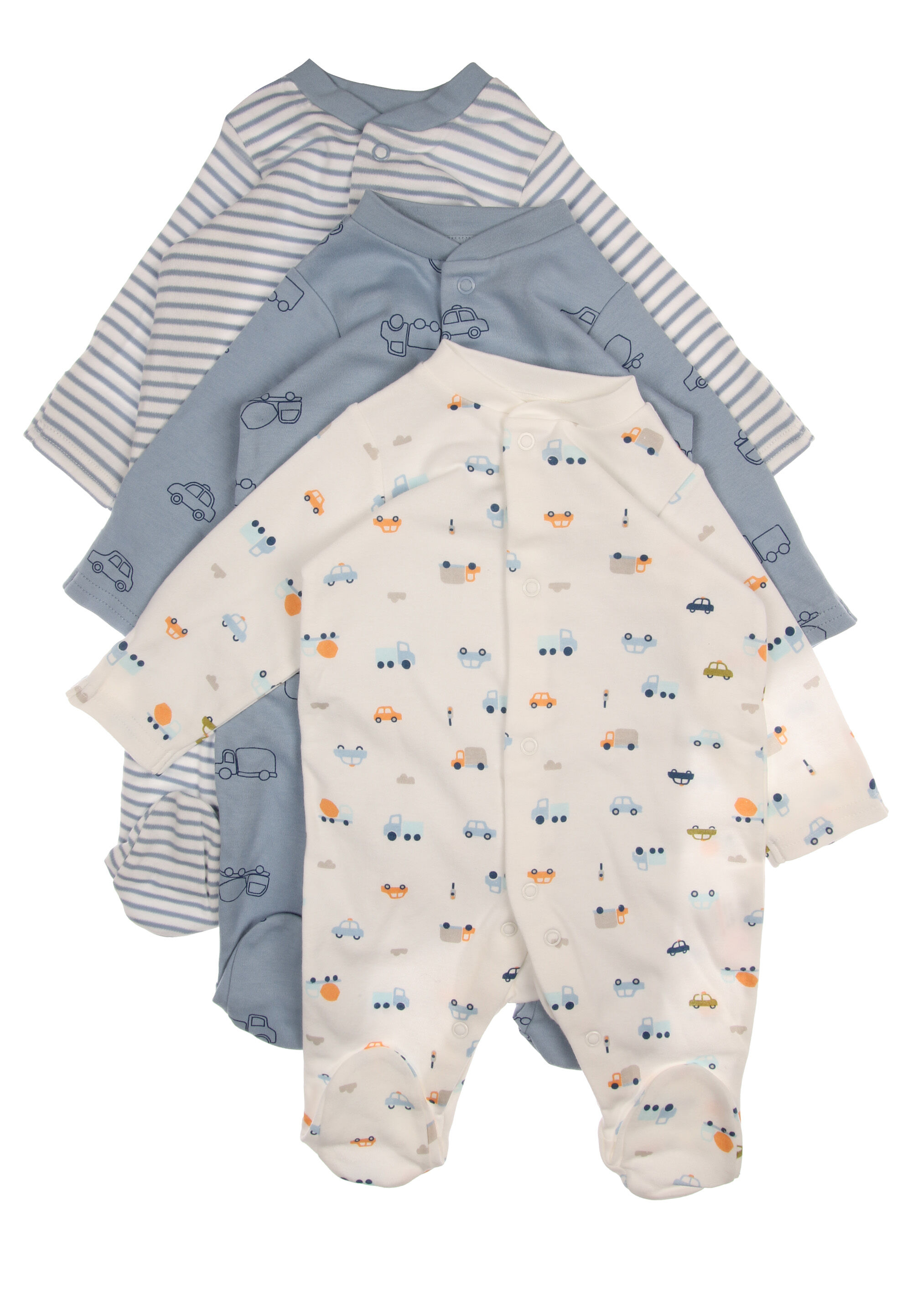 Baby Boys 3pk Blue Cars Sleepsuits