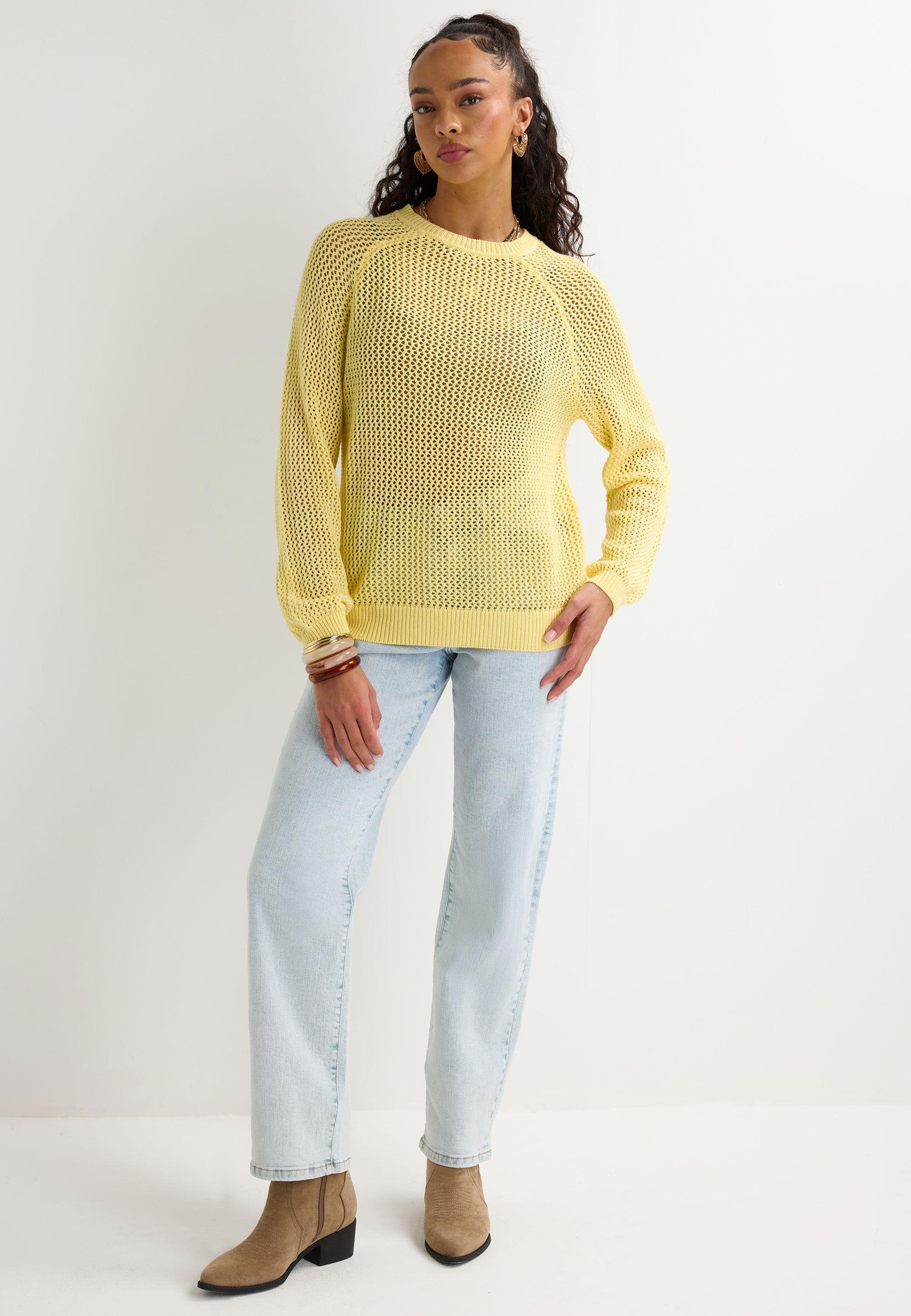 Womens Yellow Open Stitch Raglan Jumper