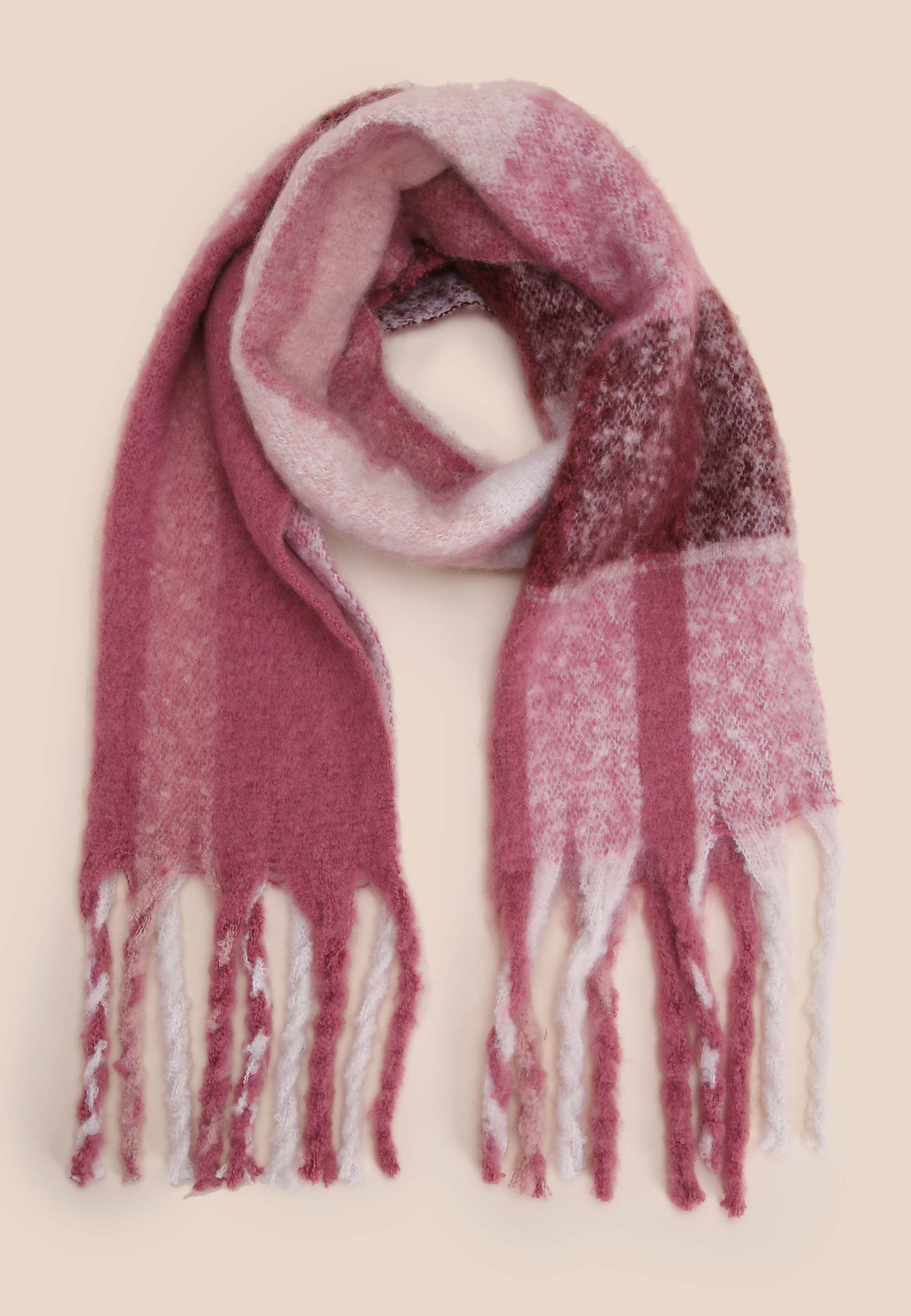 Older Girls Pink Check Fringe Scarf