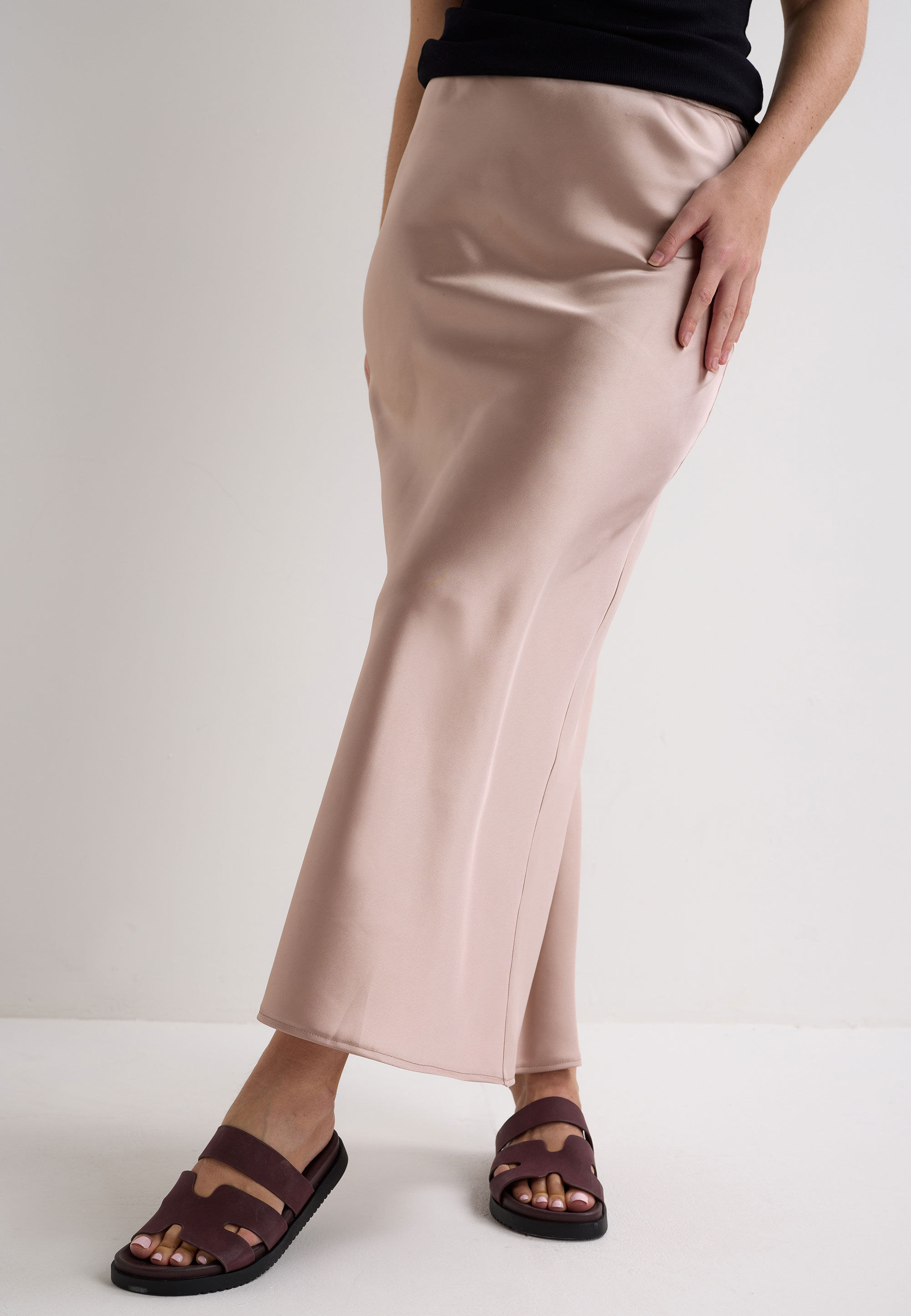 Womens Pink Satin Midi Slip Skirt
