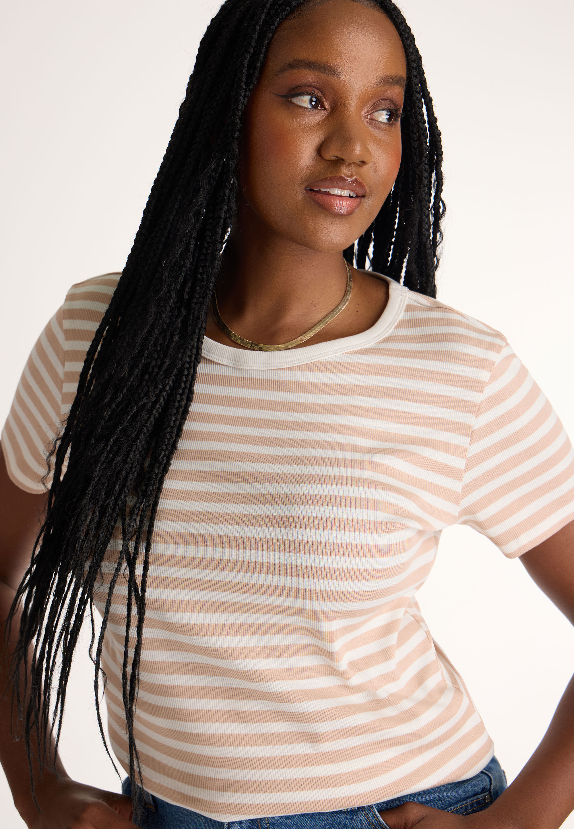 Womens Beige Stripe Crew Rib Tee