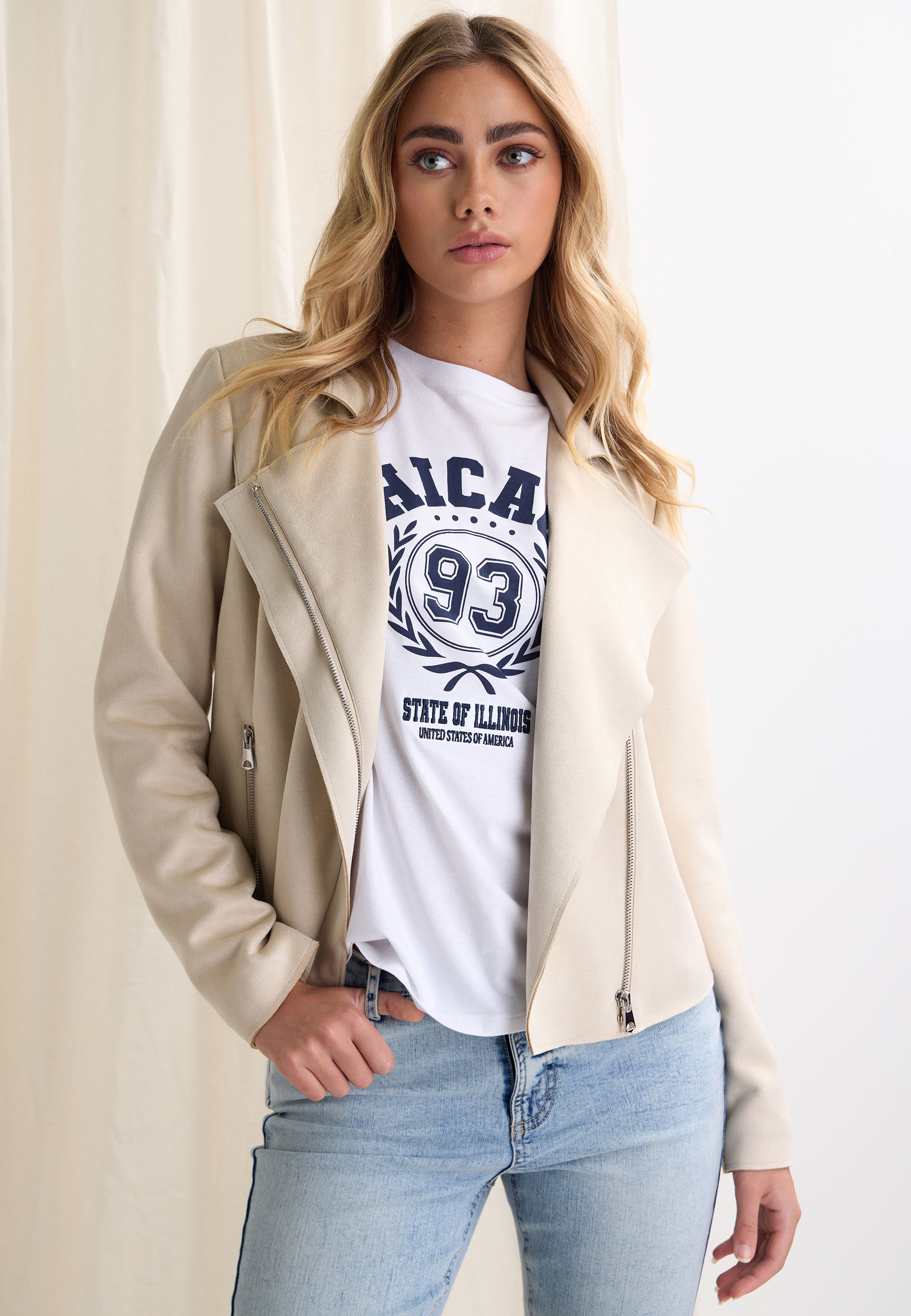 Womens Stone Suedette Biker Jacket