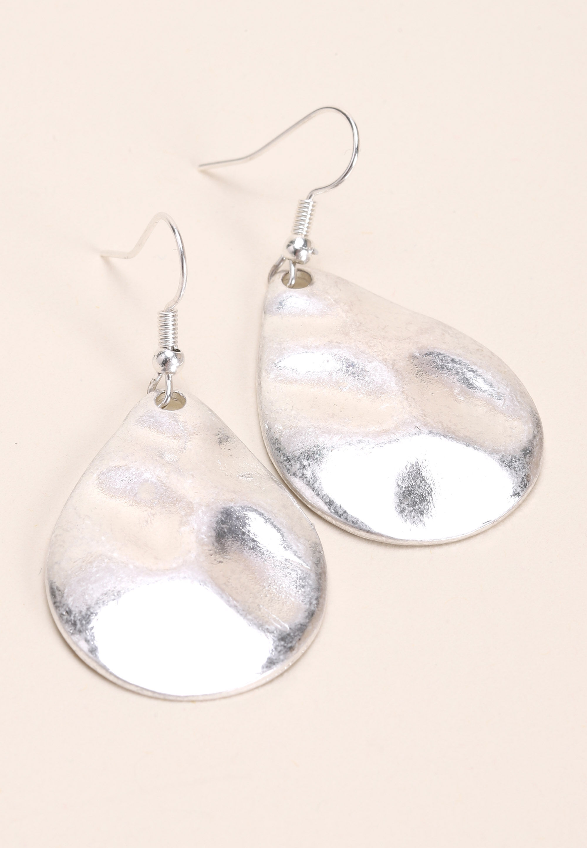 Womens Silver Hammered Teardrop Earrings