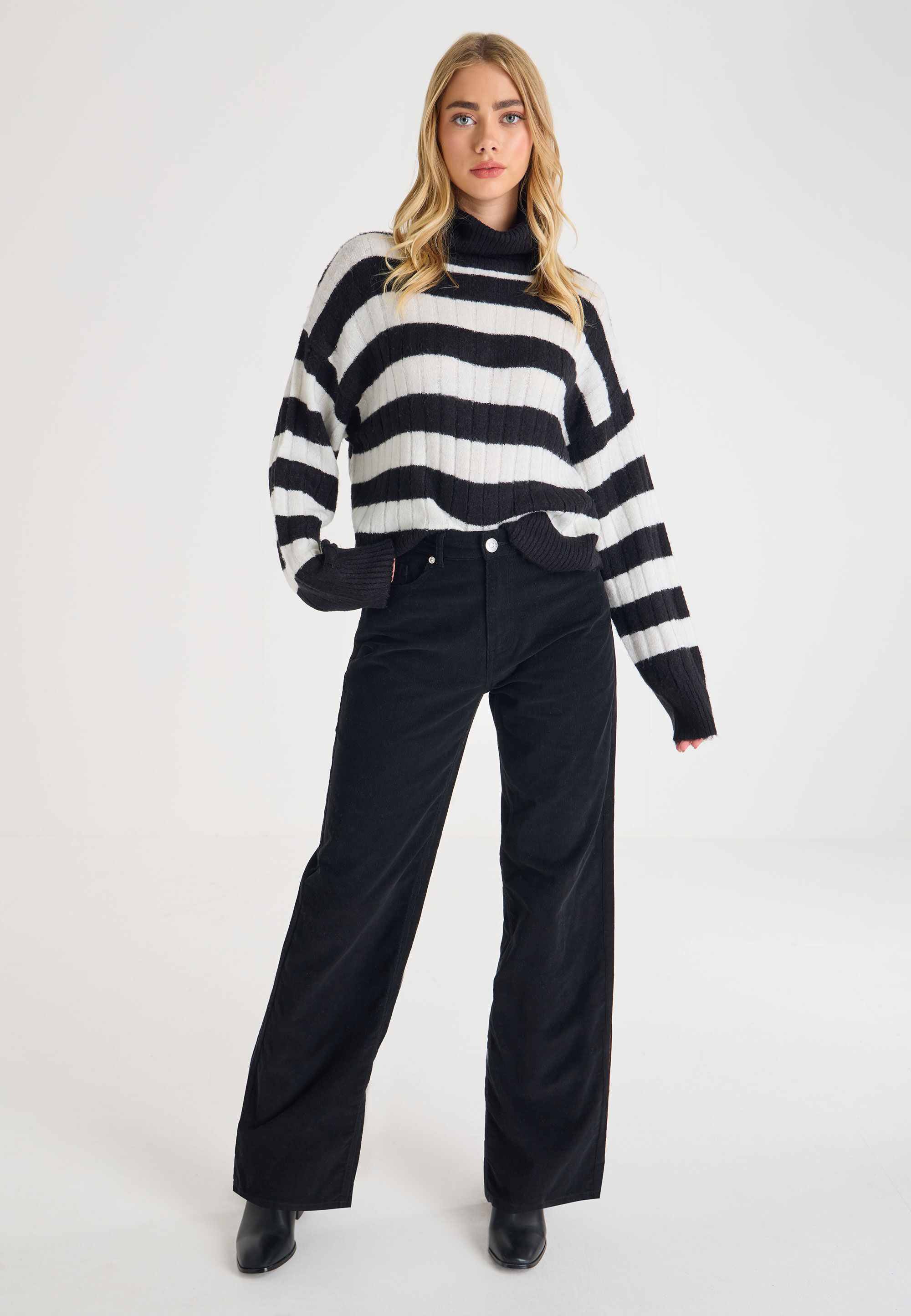 Womens Black & White Stripe Roll Neck Jumper