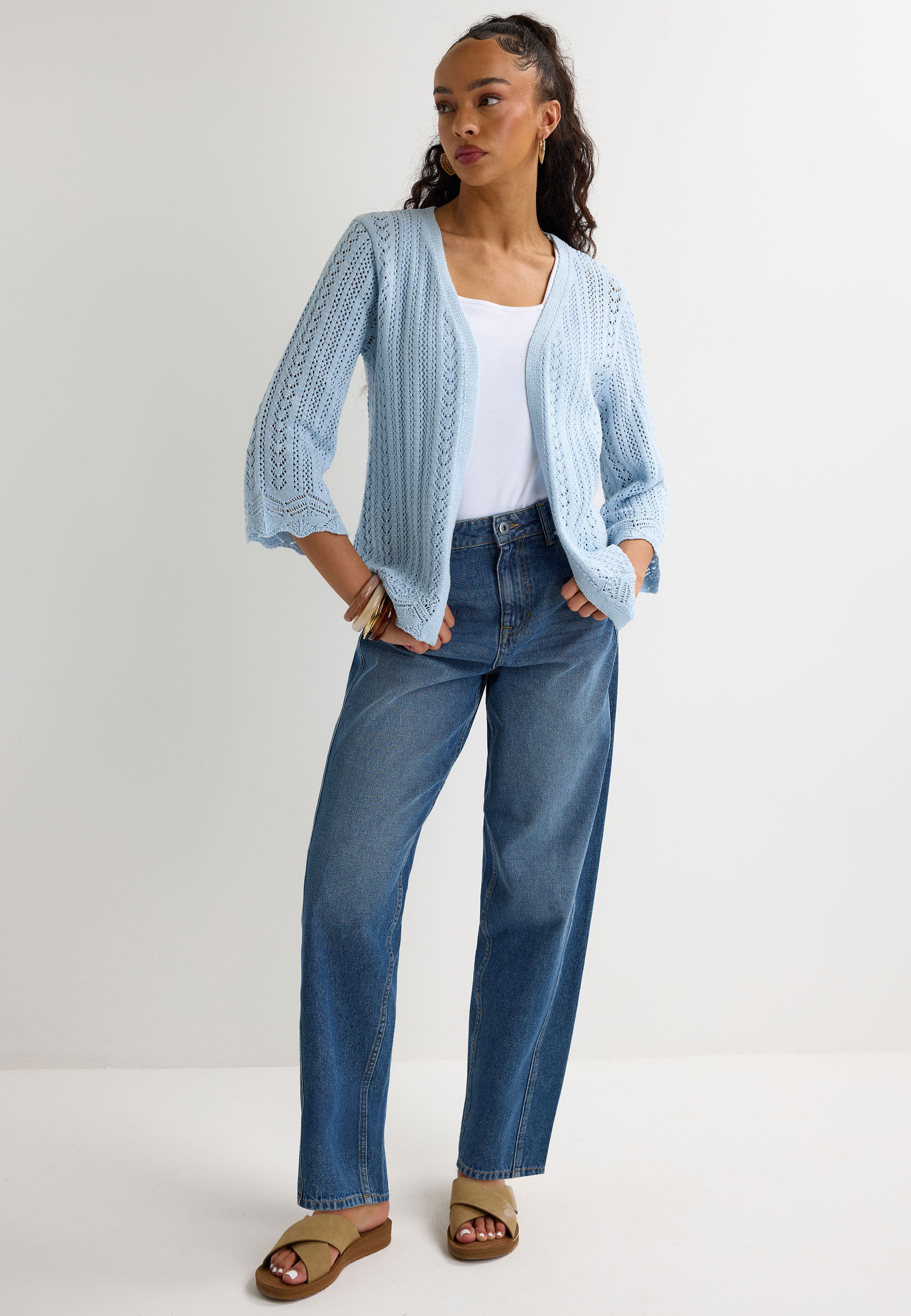 Womens Blue Crochet Knit Cardigan