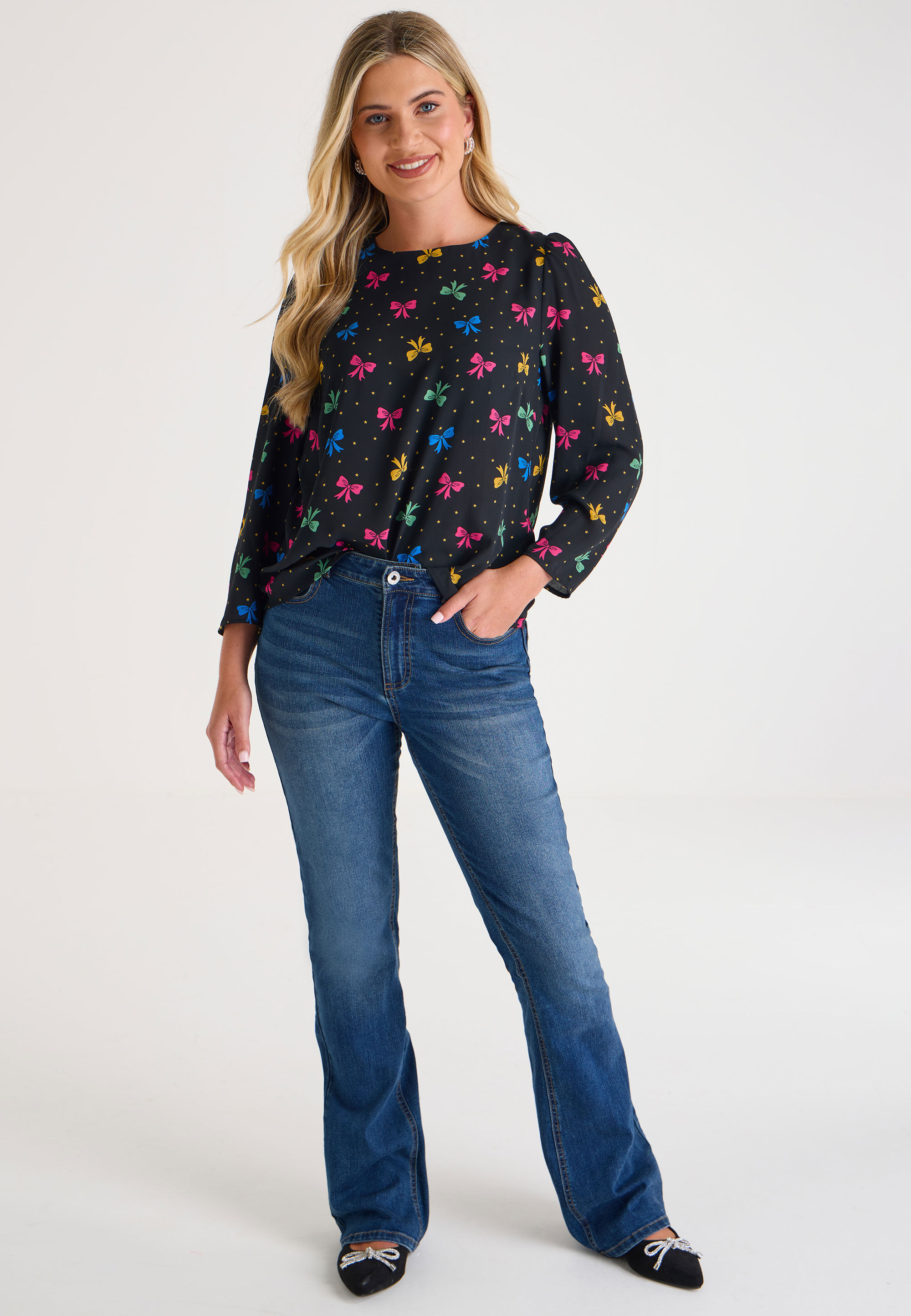 Womens Black Bow Christmas Long Sleeve Top