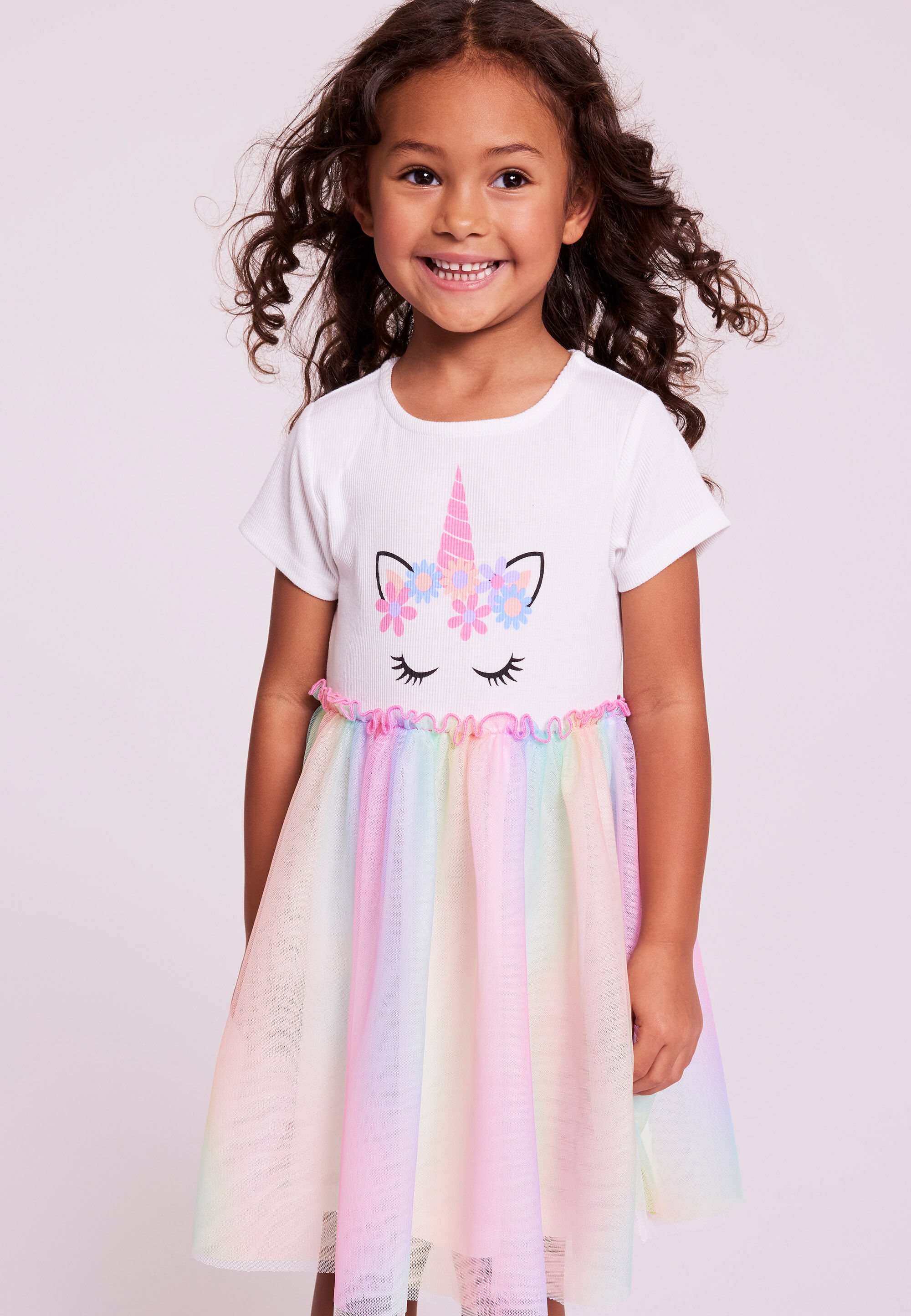 Younger Girls White Rainbow Unicorn Dress